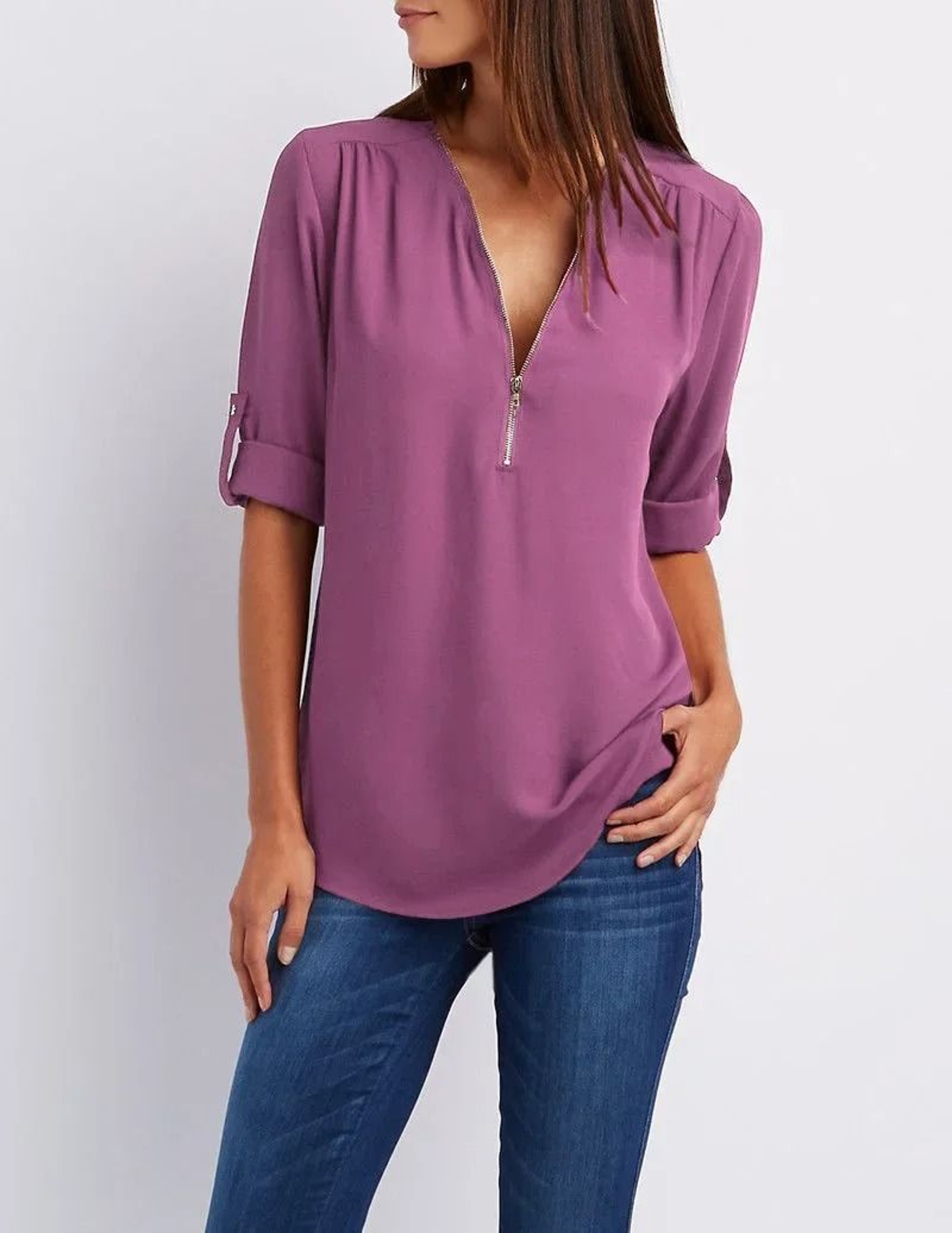 Womens Loose Deep V Neck Chiffon Zipper Pullover Plus Size Top 18