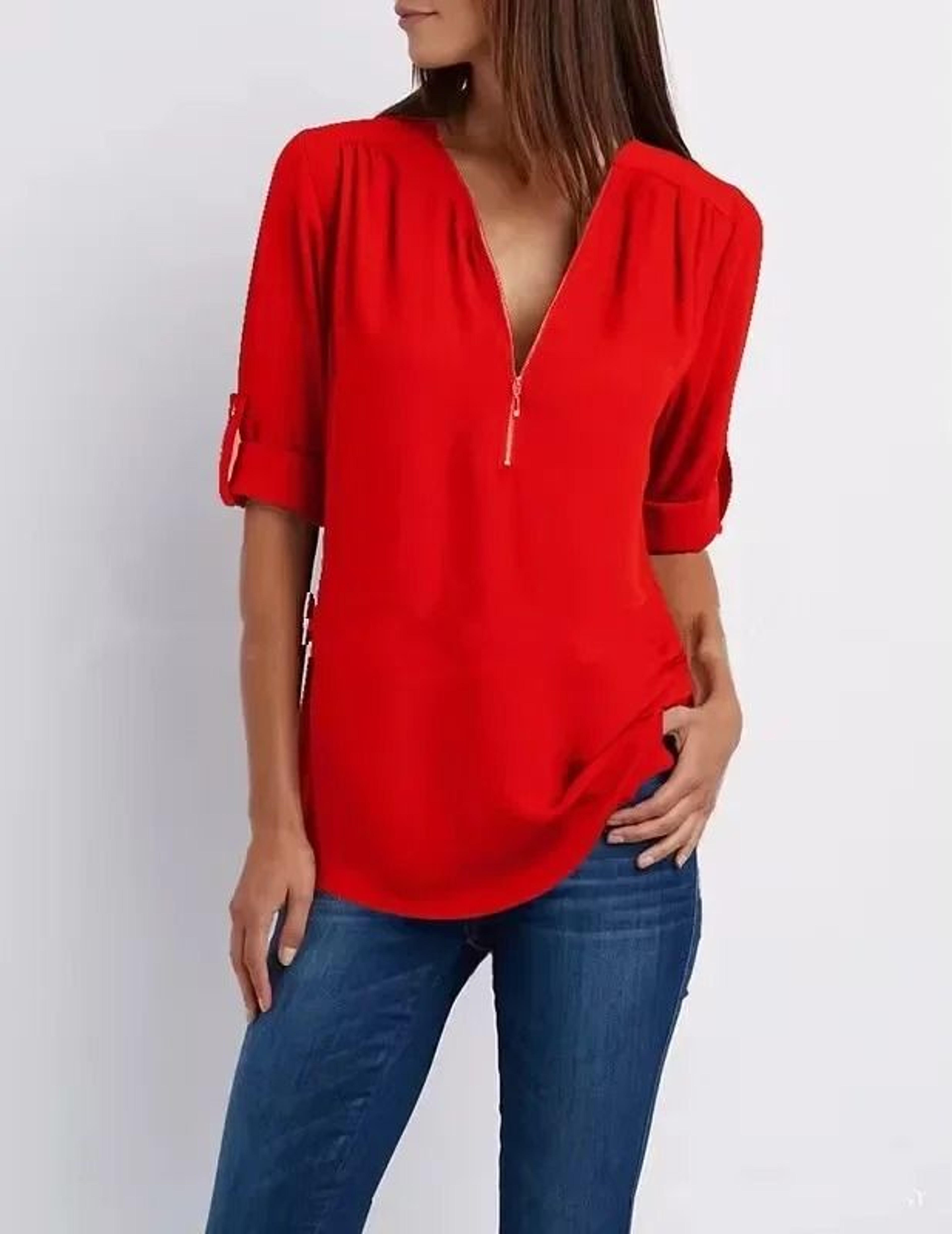 Womens Loose Deep V Neck Chiffon Zipper Pullover Plus Size Top 19