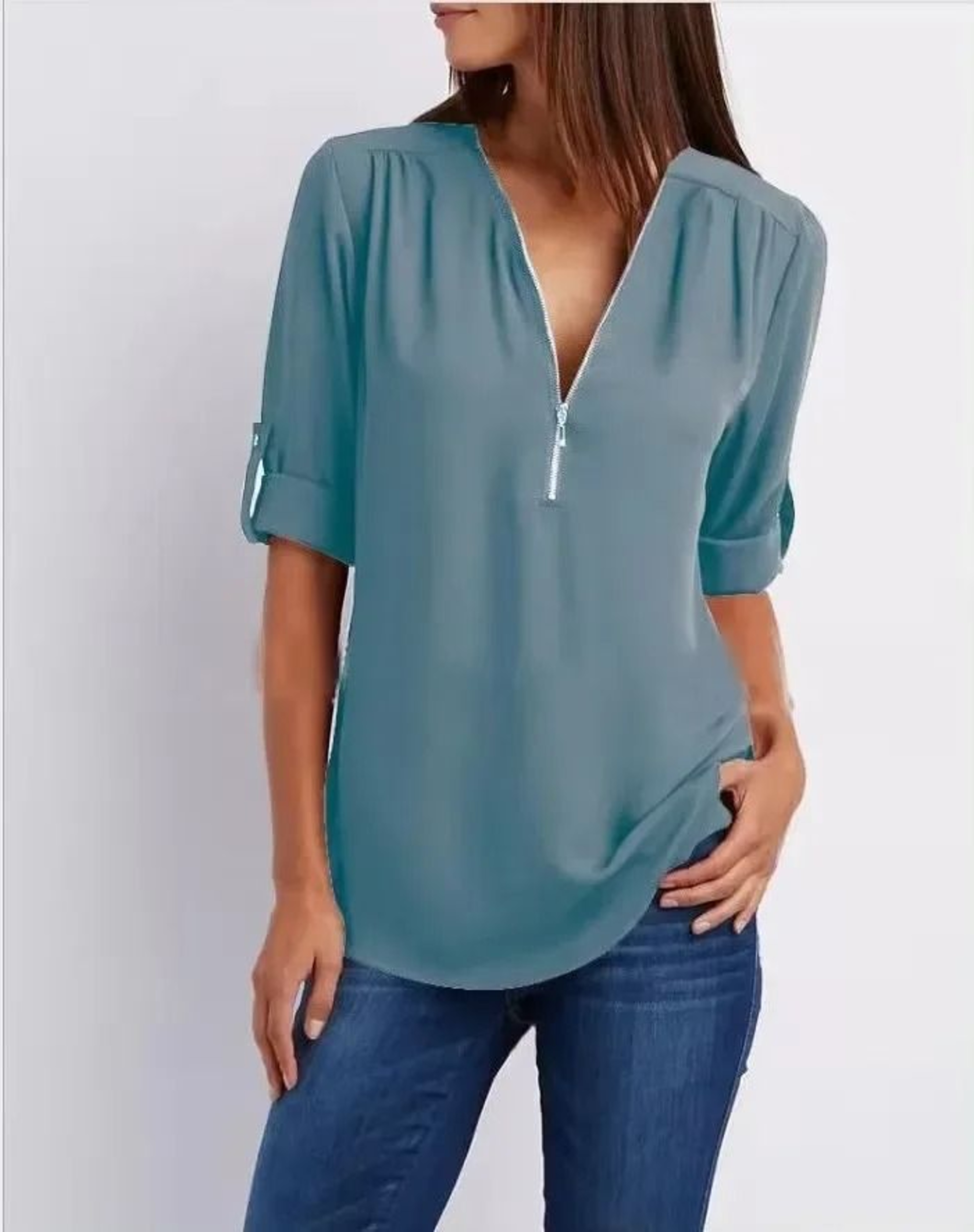 Womens Loose Deep V Neck Chiffon Zipper Pullover Plus Size Top 20