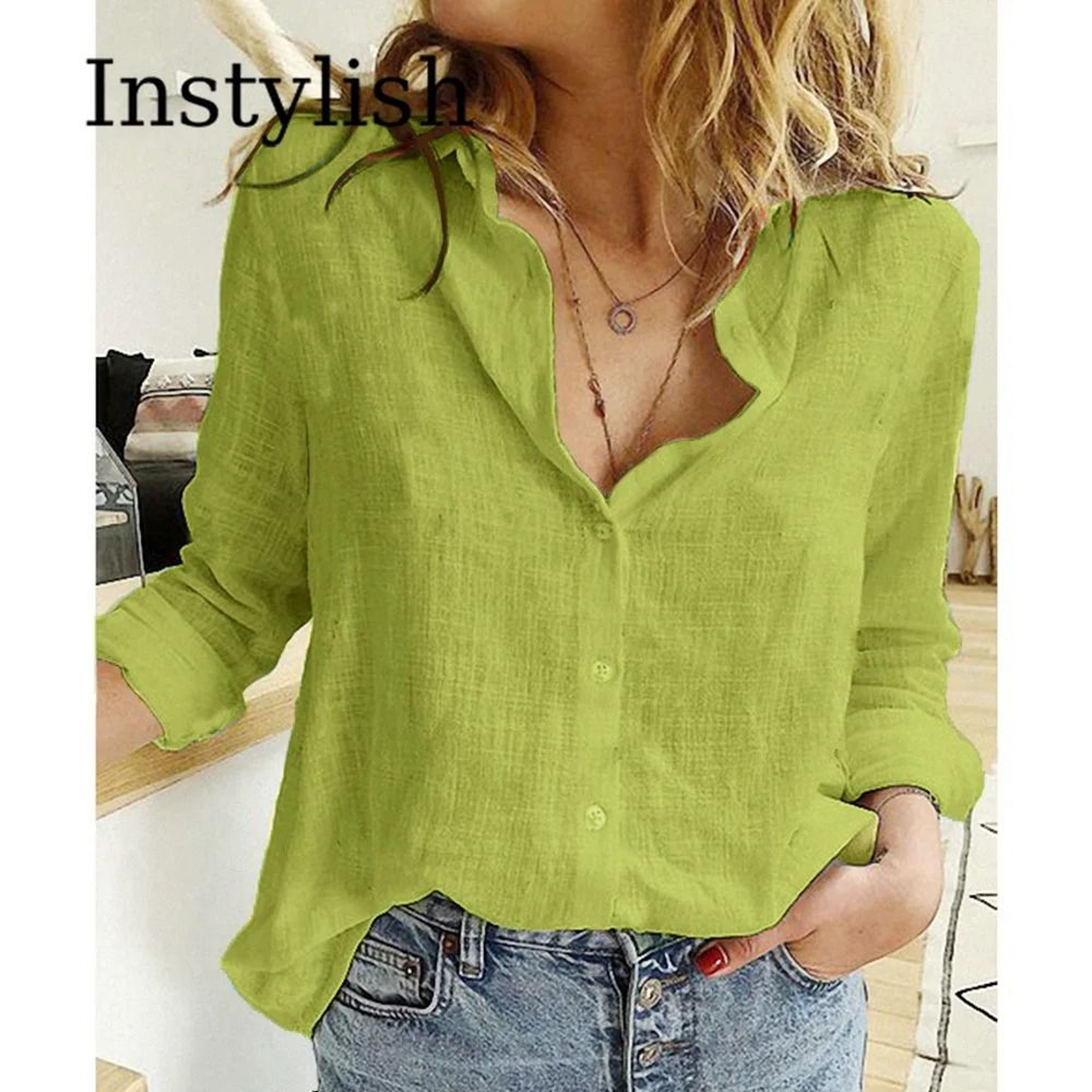 Womens Cotton Linen Button Down Lapel Blouse 1