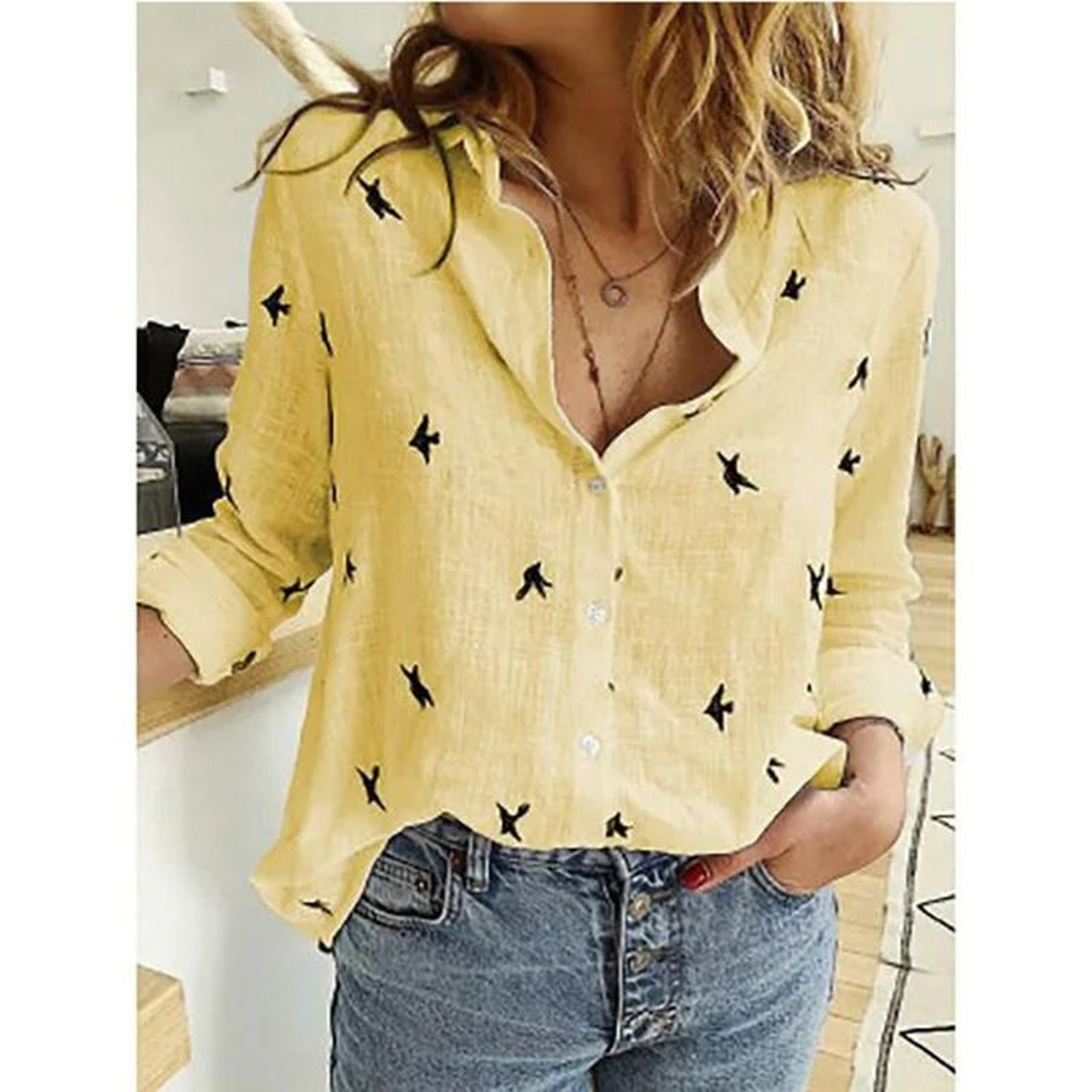 Womens Cotton Linen Button Down Lapel Blouse 12