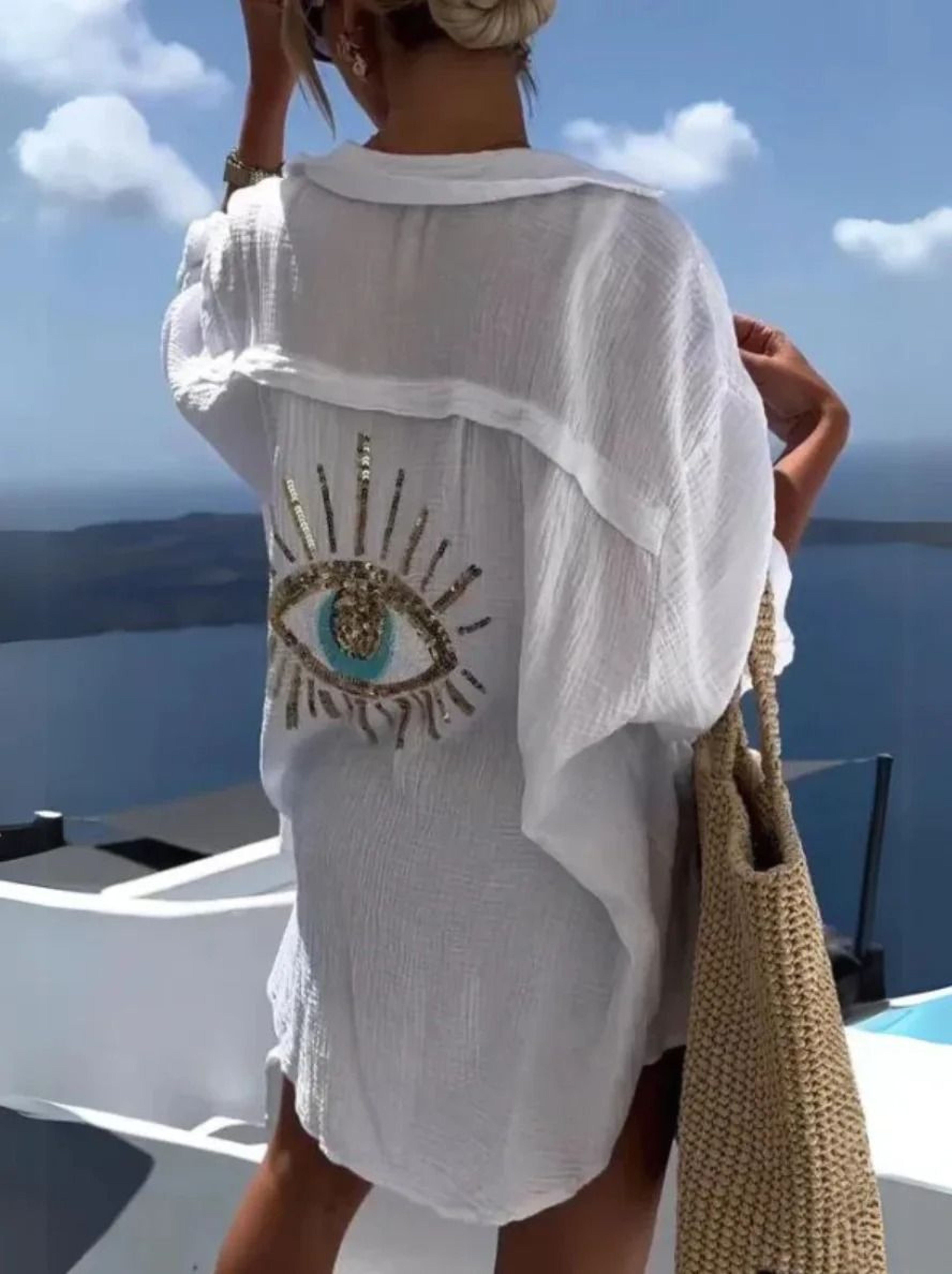 Casual Bright Sequin Evil Eye Long Sleeve Cotton Blouse 0