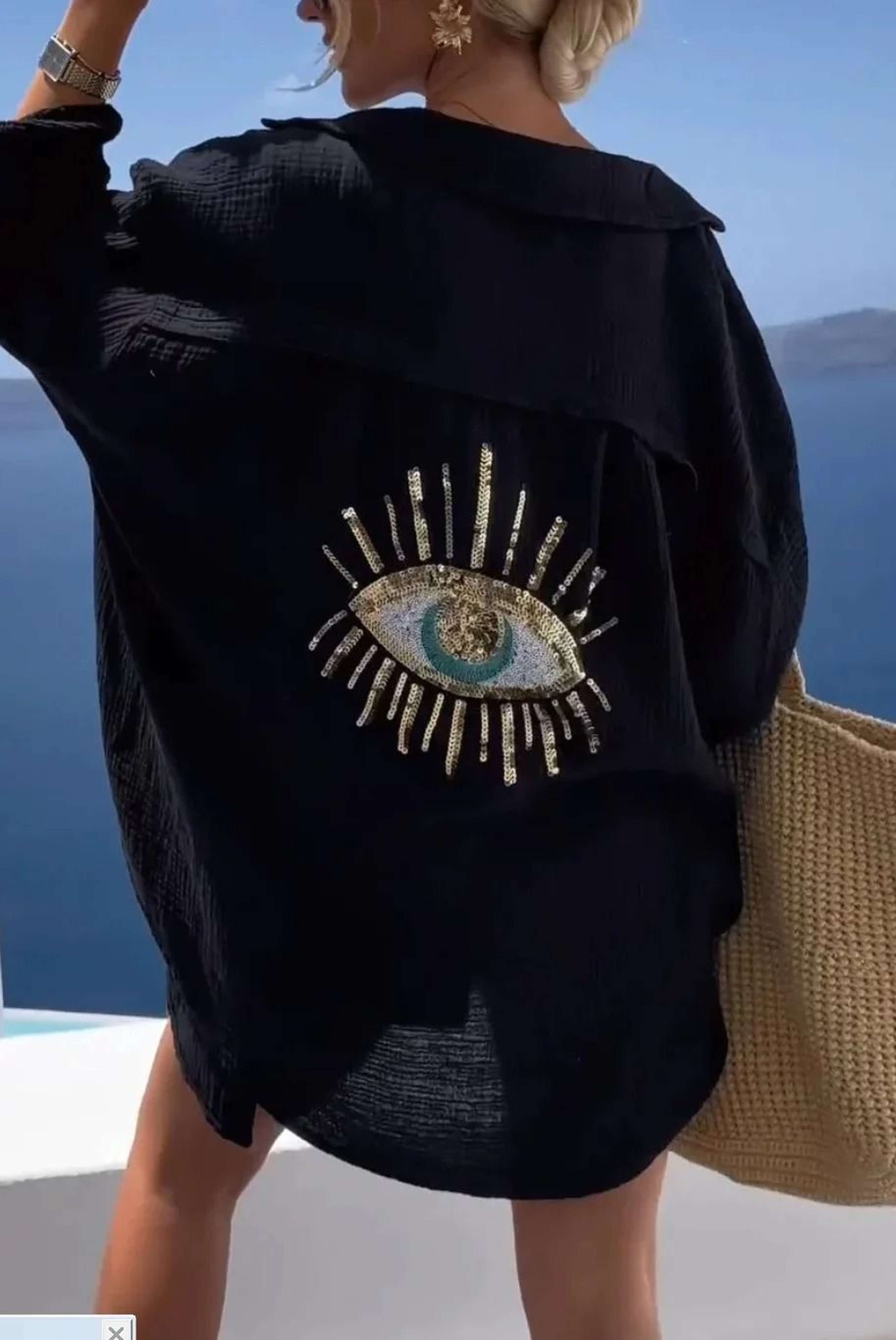 Casual Bright Sequin Evil Eye Long Sleeve Cotton Blouse 7