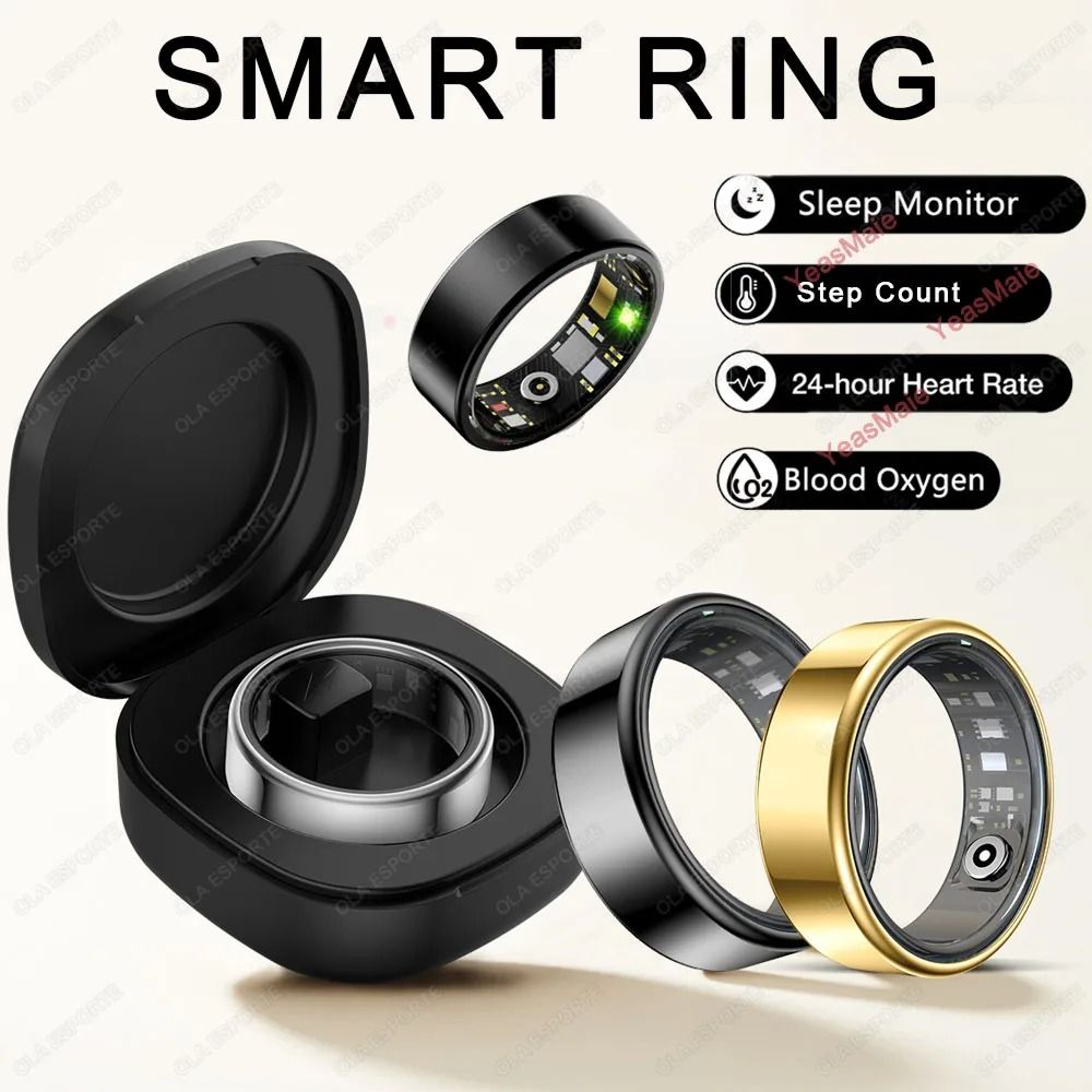 Smart Ring Heart Rate Blood Oxygen Monitor Waterproof 0
