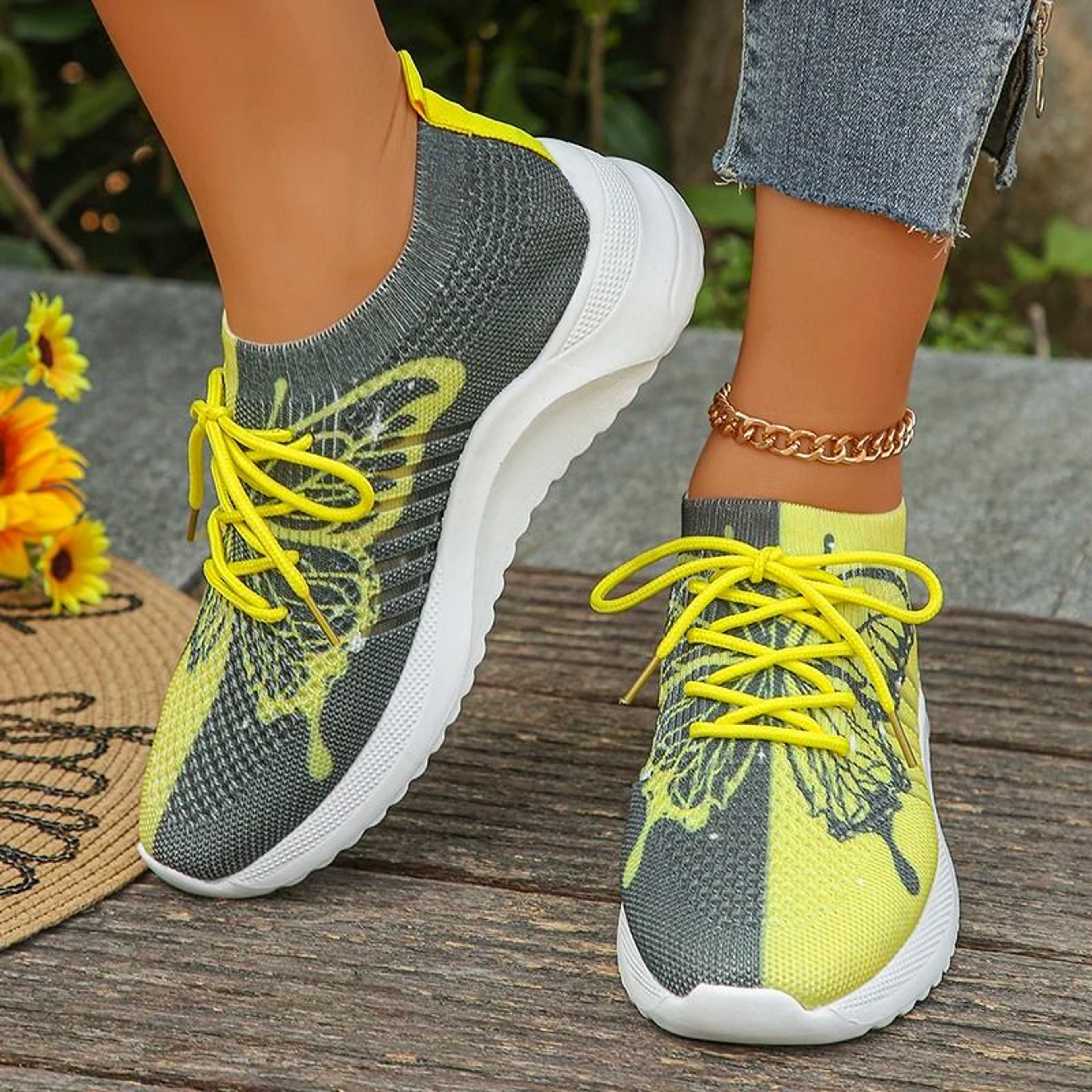 Letters Floral Print Platform Sneakers For Women Fashion Knitting Casual Sports Shoes 12