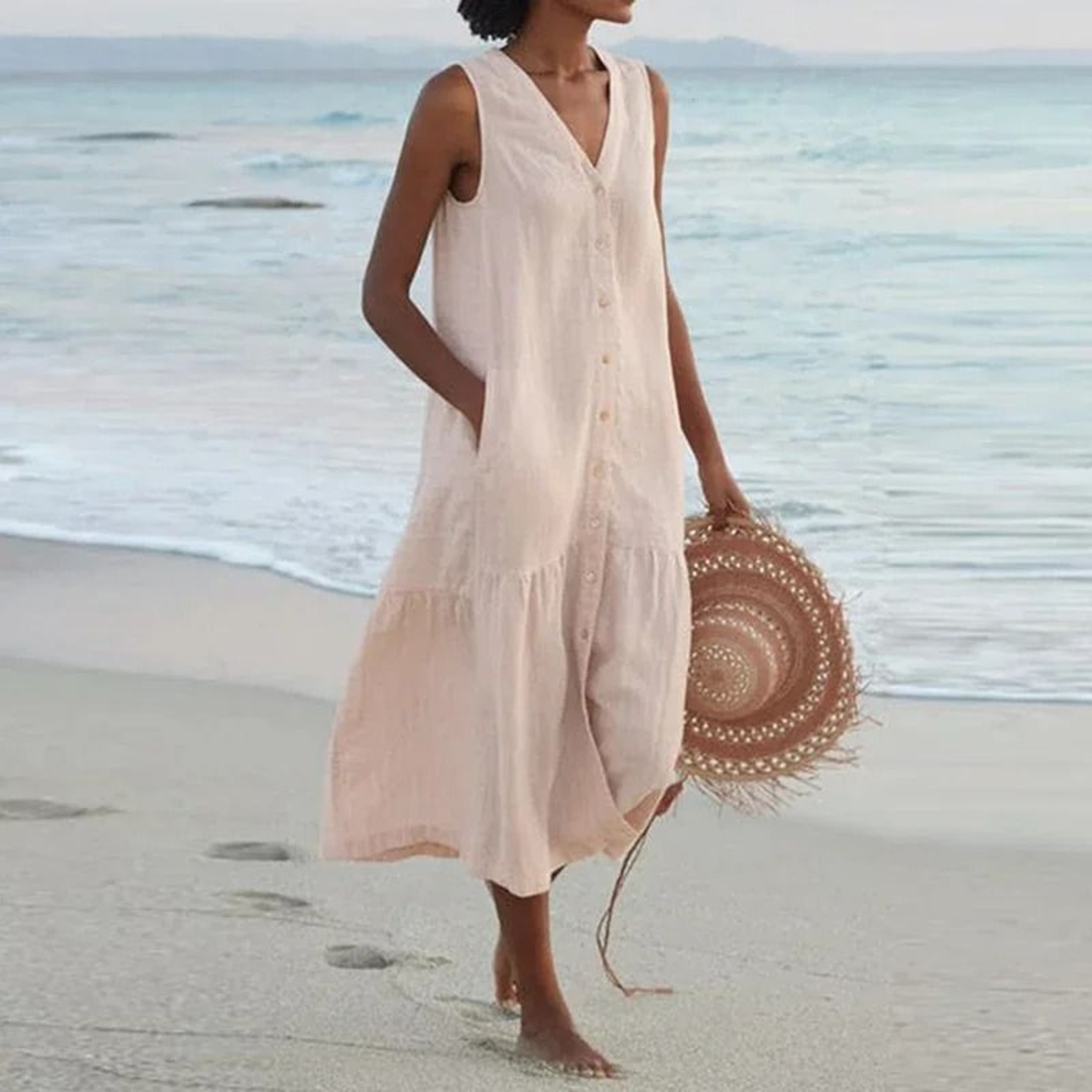 Women Summer Cotton Linen Patchwork Midi Dress With Pockets 6