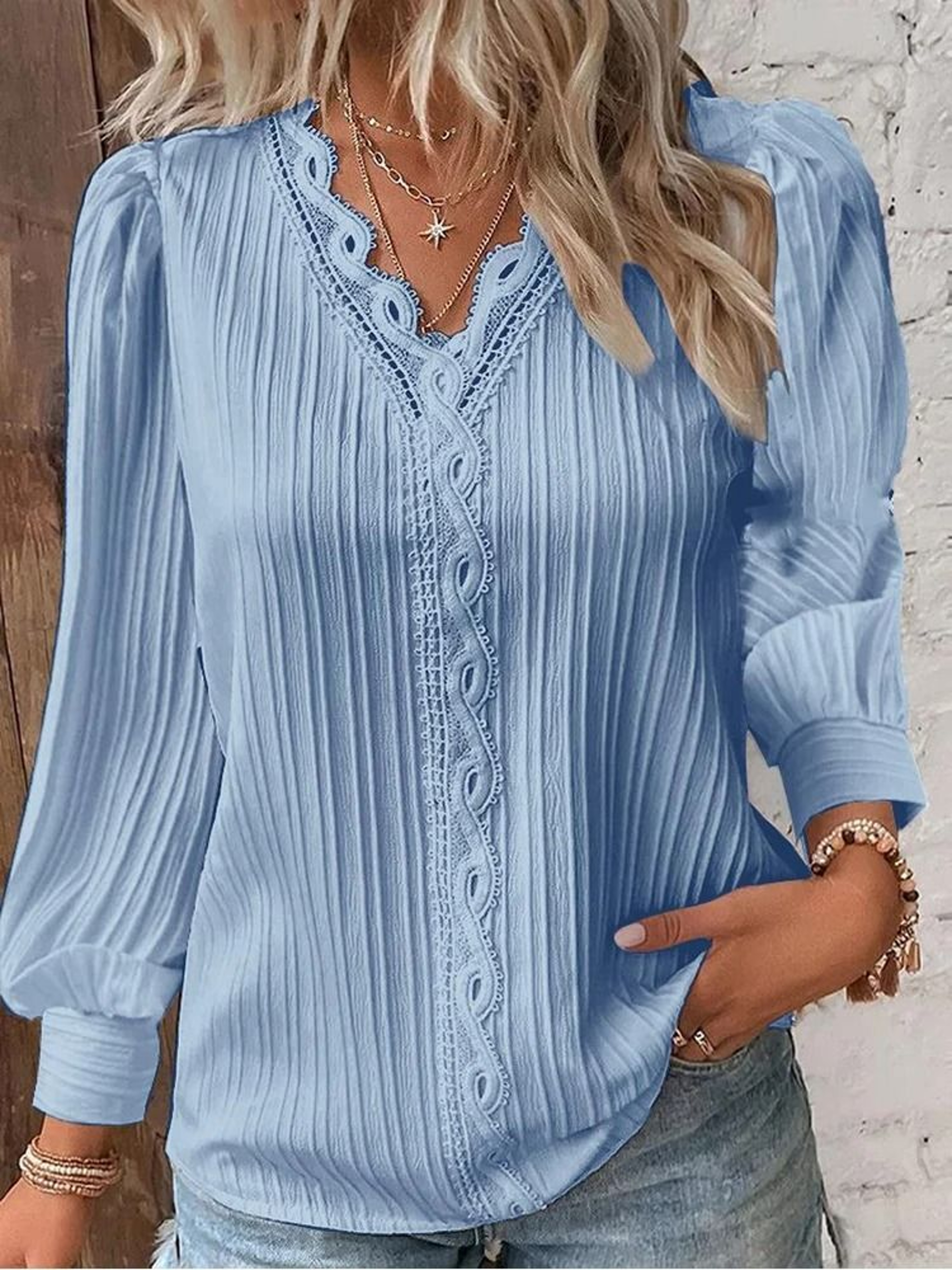 Womens Lace Stitch Pullover Chiffon V Neck Long Sleeve Blouse 8