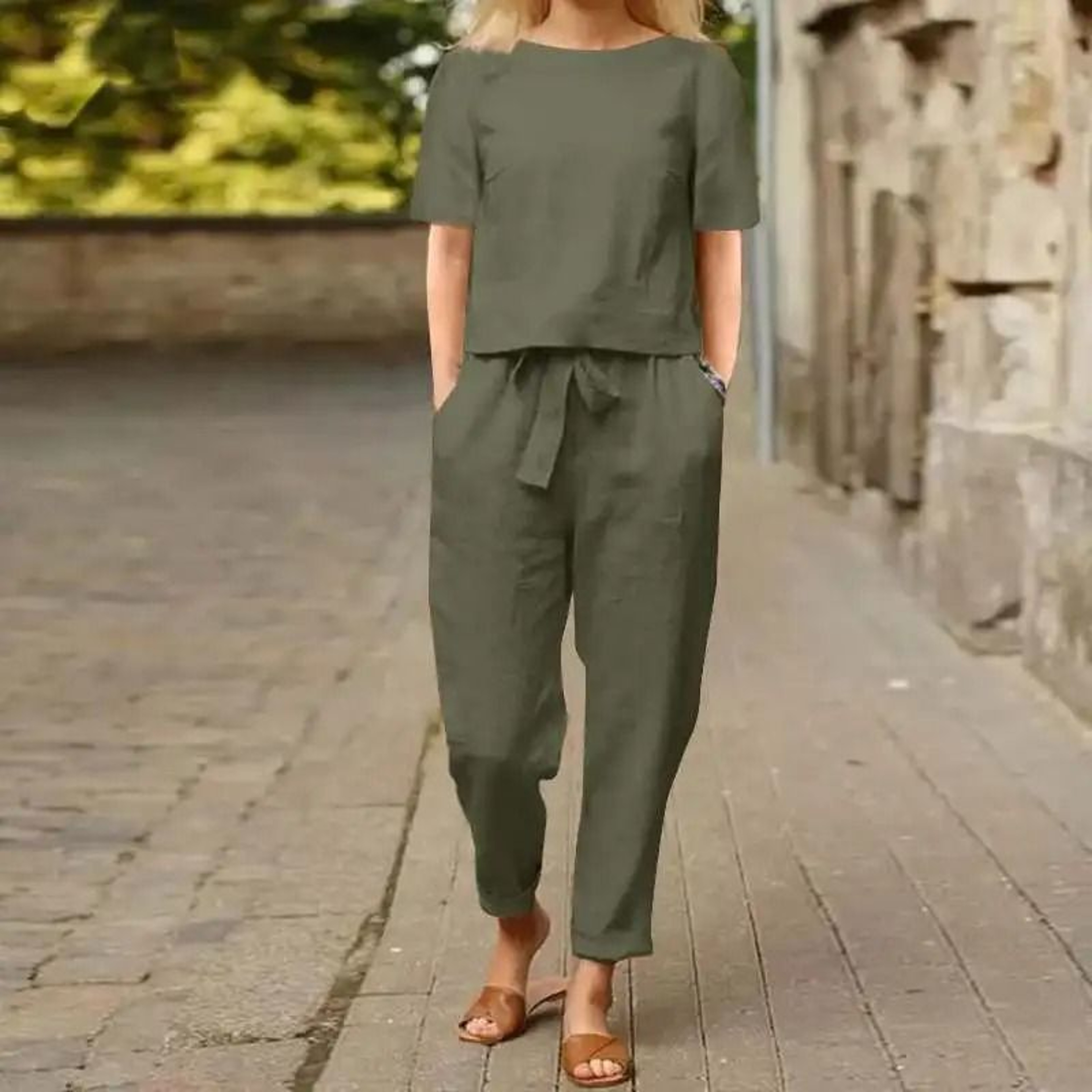 Womens Cotton Linen Matching Suit Lightweight Wide Leg Pants And Tie Waist Top 3