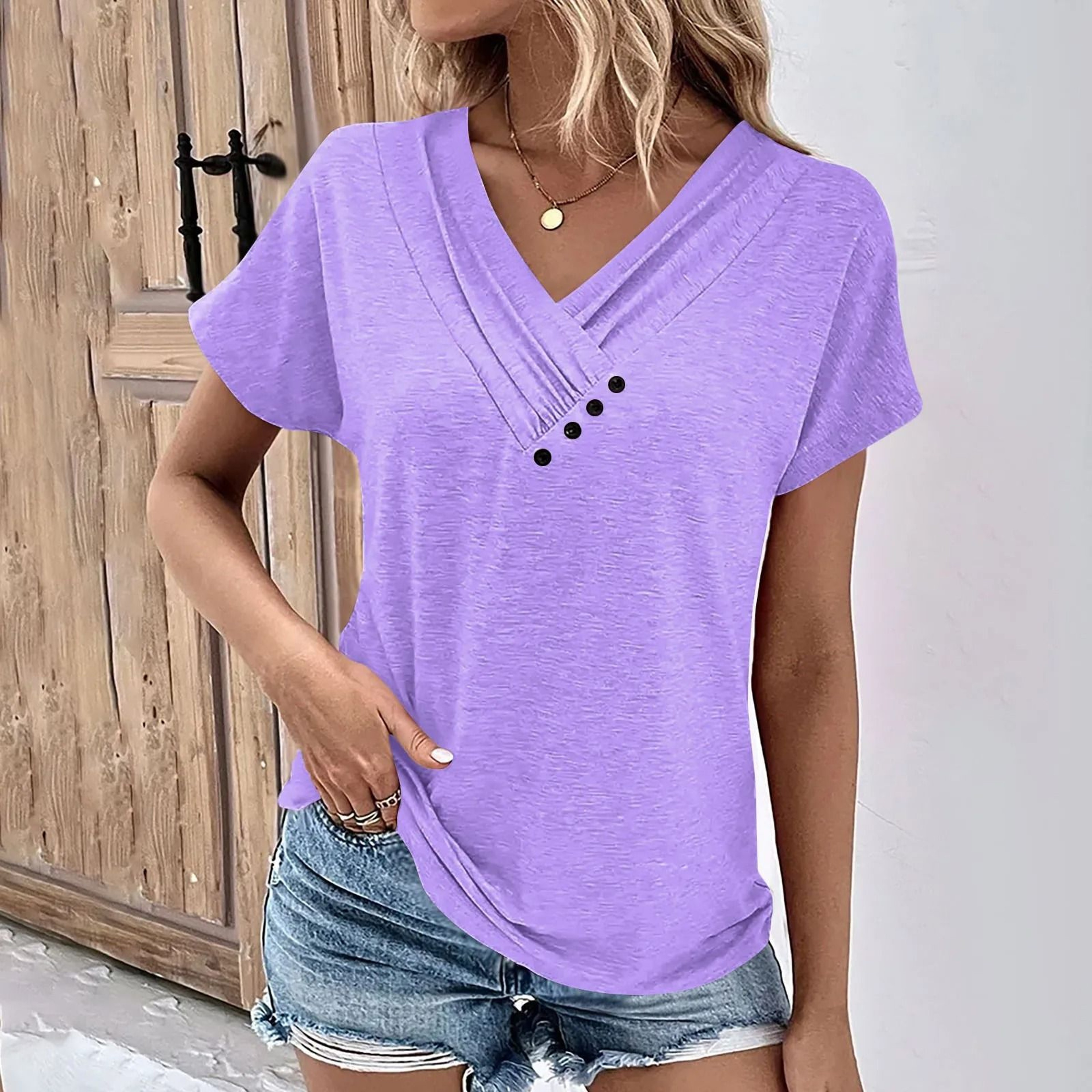 Womens Oversized V Neck Short Sleeve Solid Cotton Linen Tee 13