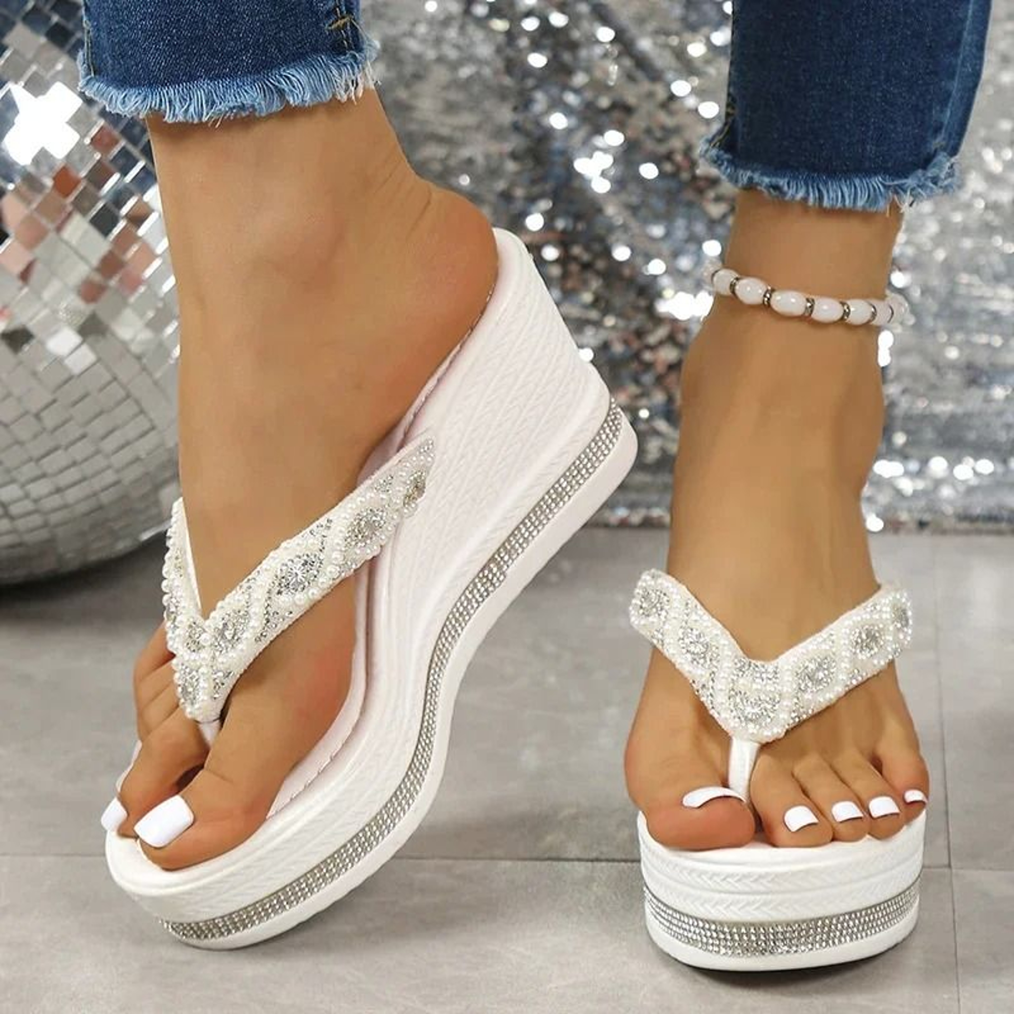 Beaded Wedge Platform Clip Toe Slippers Women Summer Chunky High Heel Sandals 3
