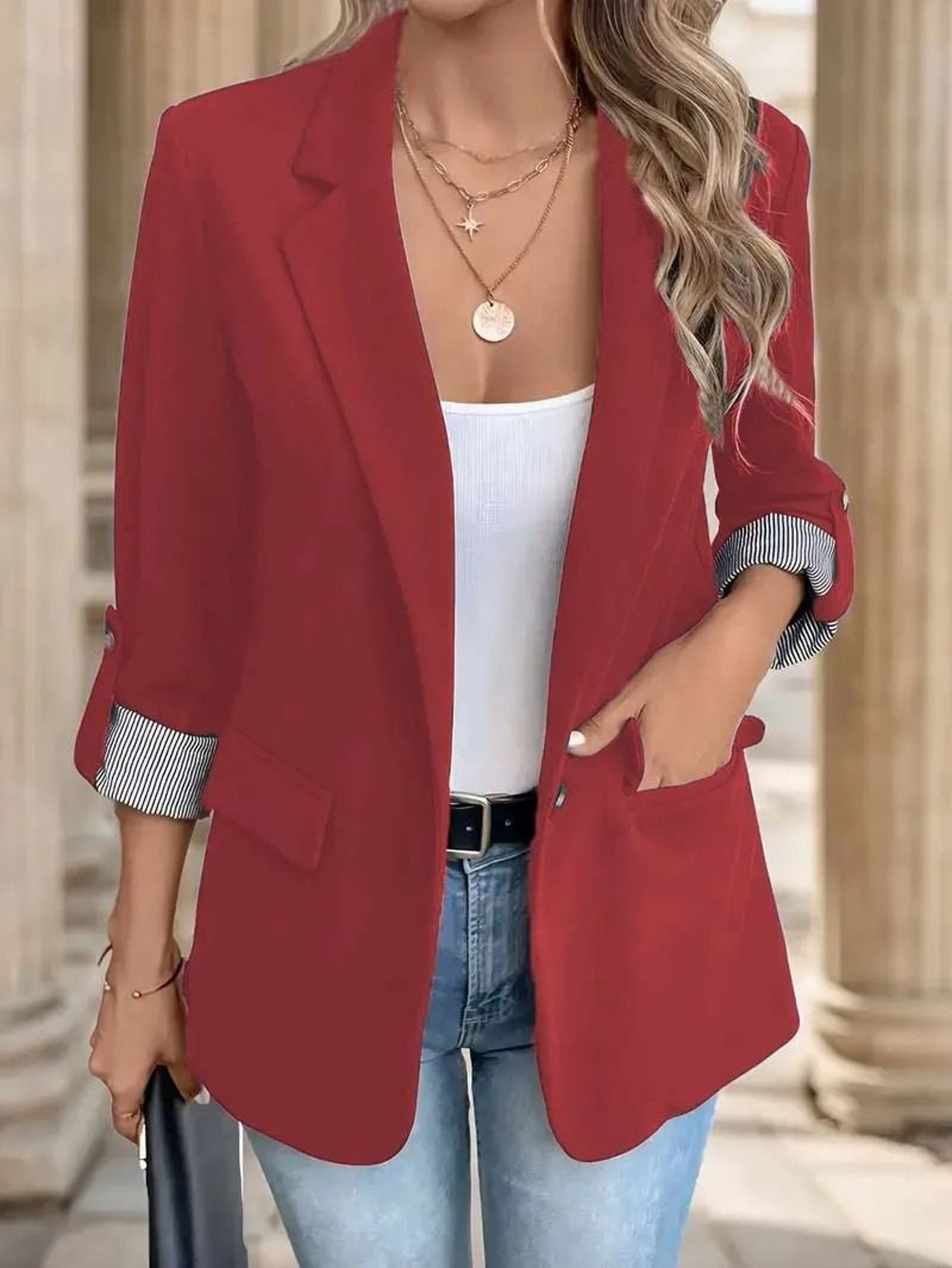 Women Casual Button Up RolledSleeve Slim Blazer 2