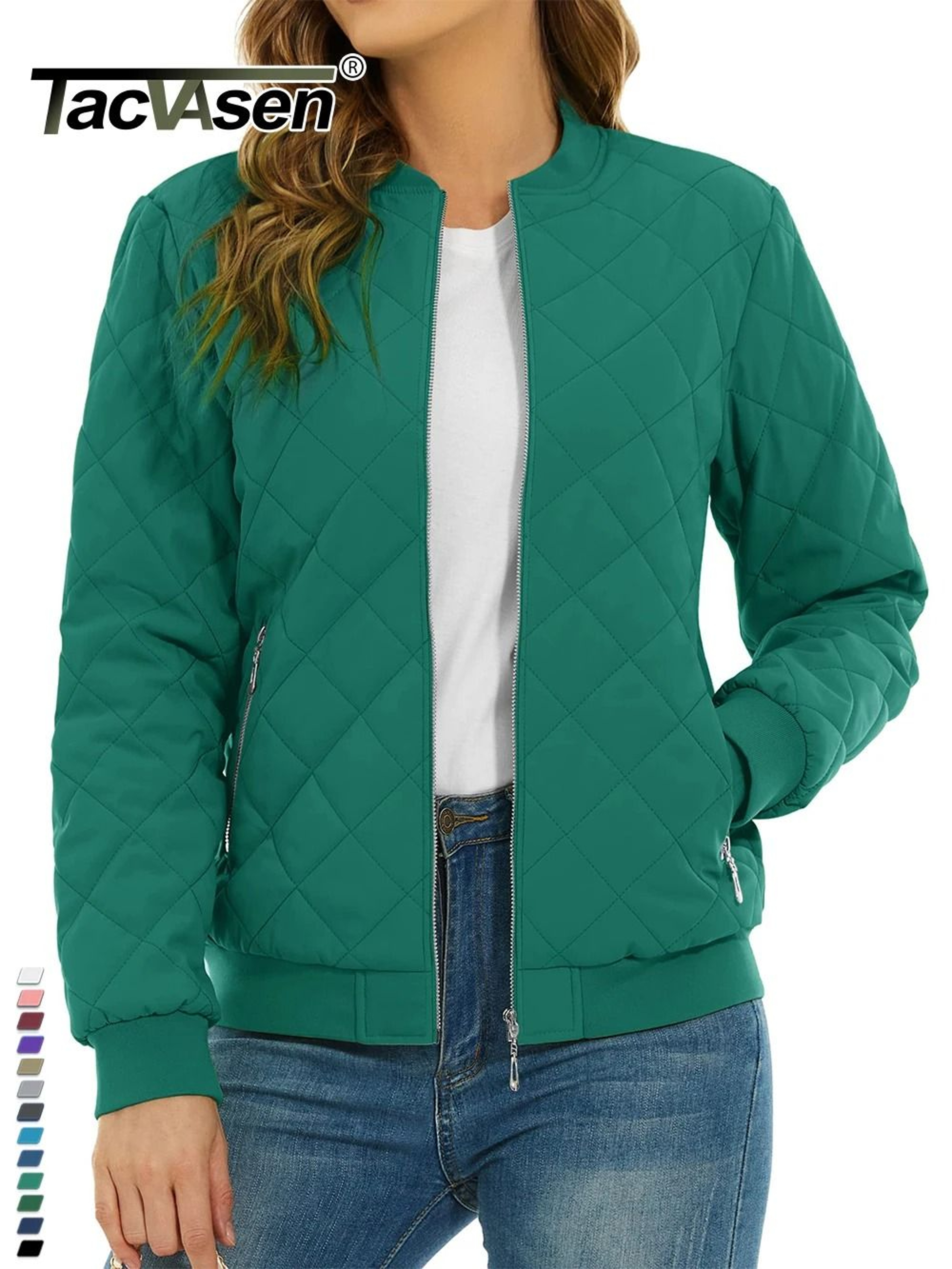 Womens Diamond Quilted Bomber Jacket Full Zip Warm Padded Coat 2