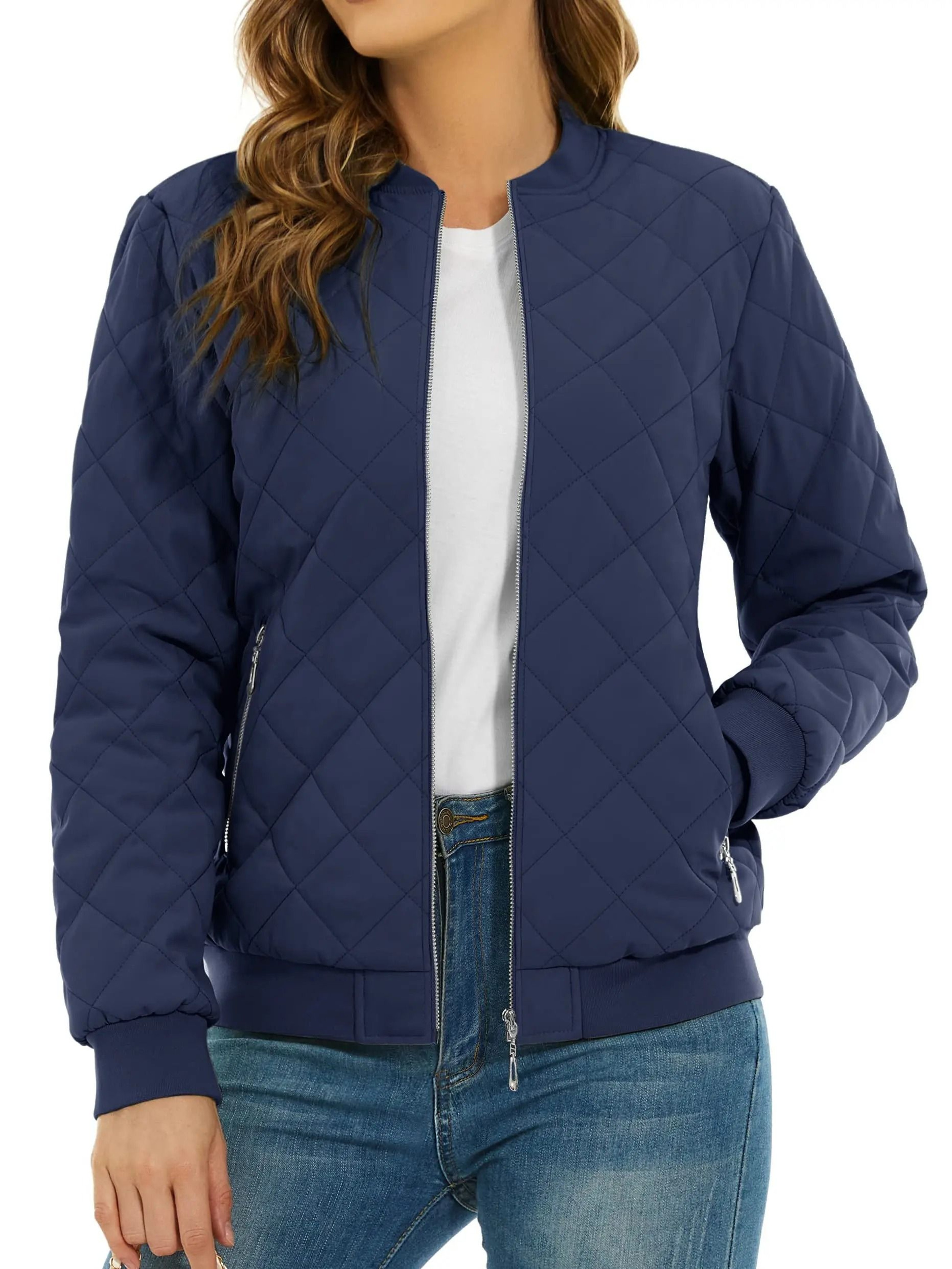 Womens Diamond Quilted Bomber Jacket Full Zip Warm Padded Coat 10