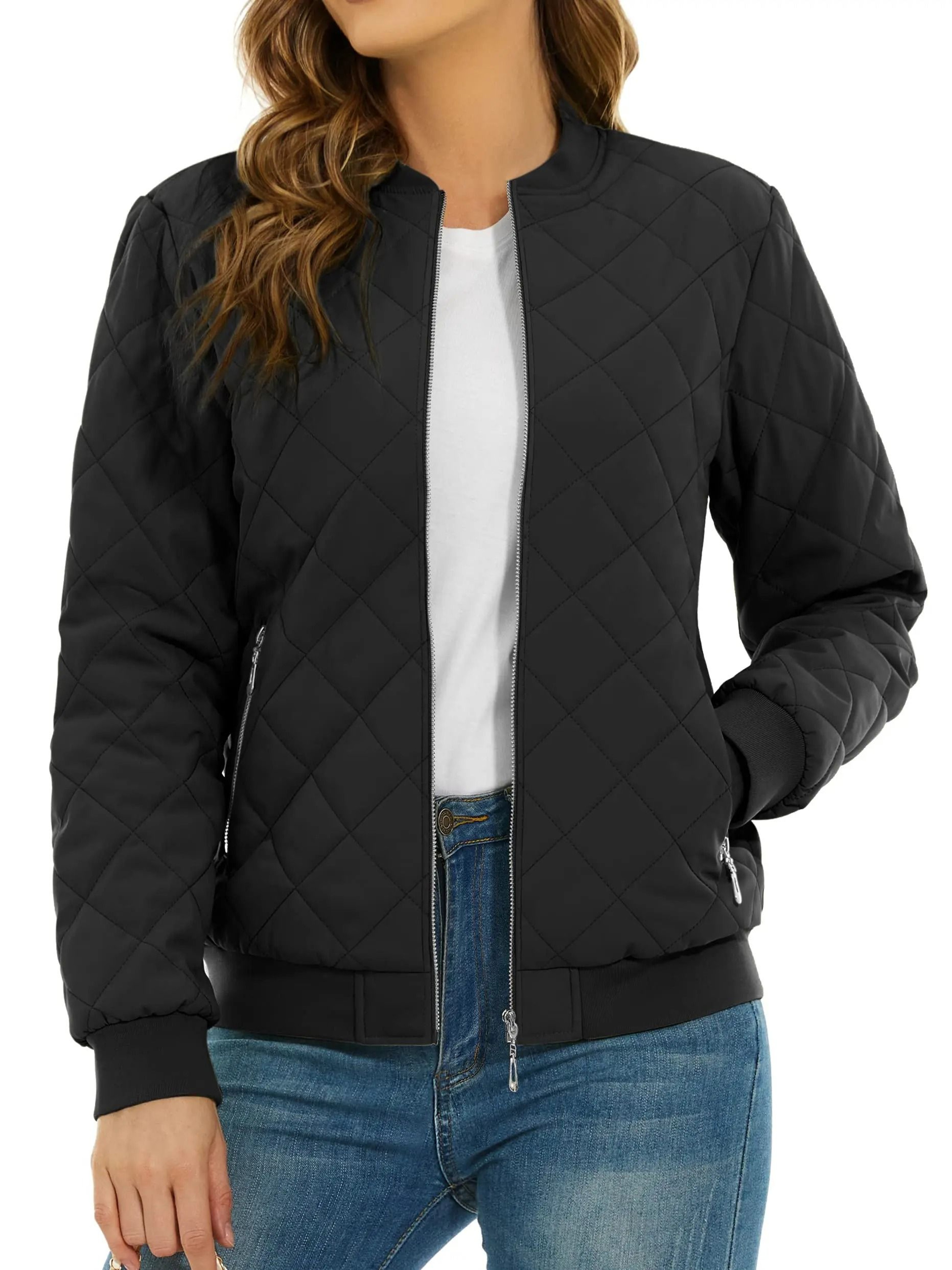 Womens Diamond Quilted Bomber Jacket Full Zip Warm Padded Coat 12