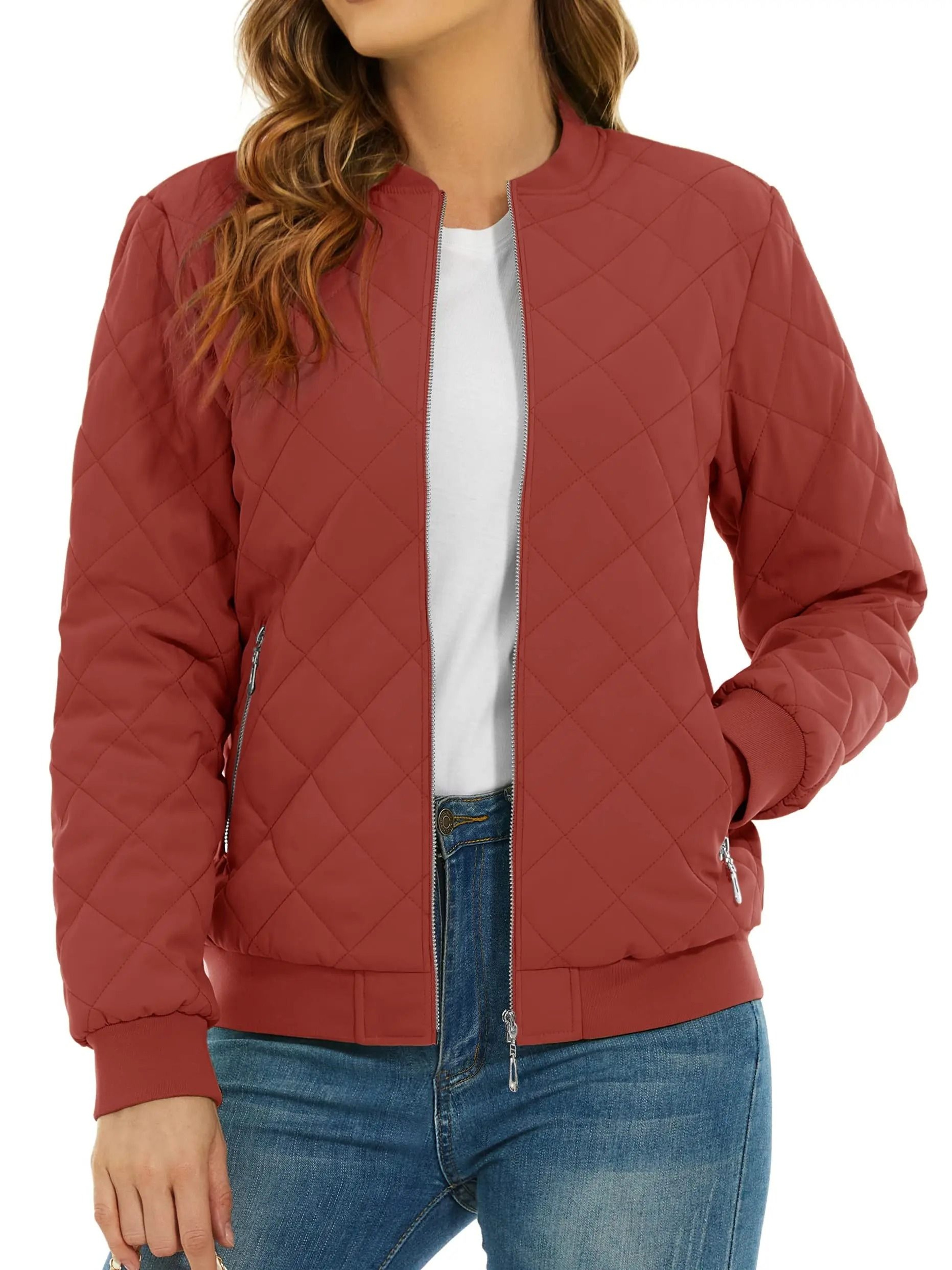 Womens Diamond Quilted Bomber Jacket Full Zip Warm Padded Coat 14