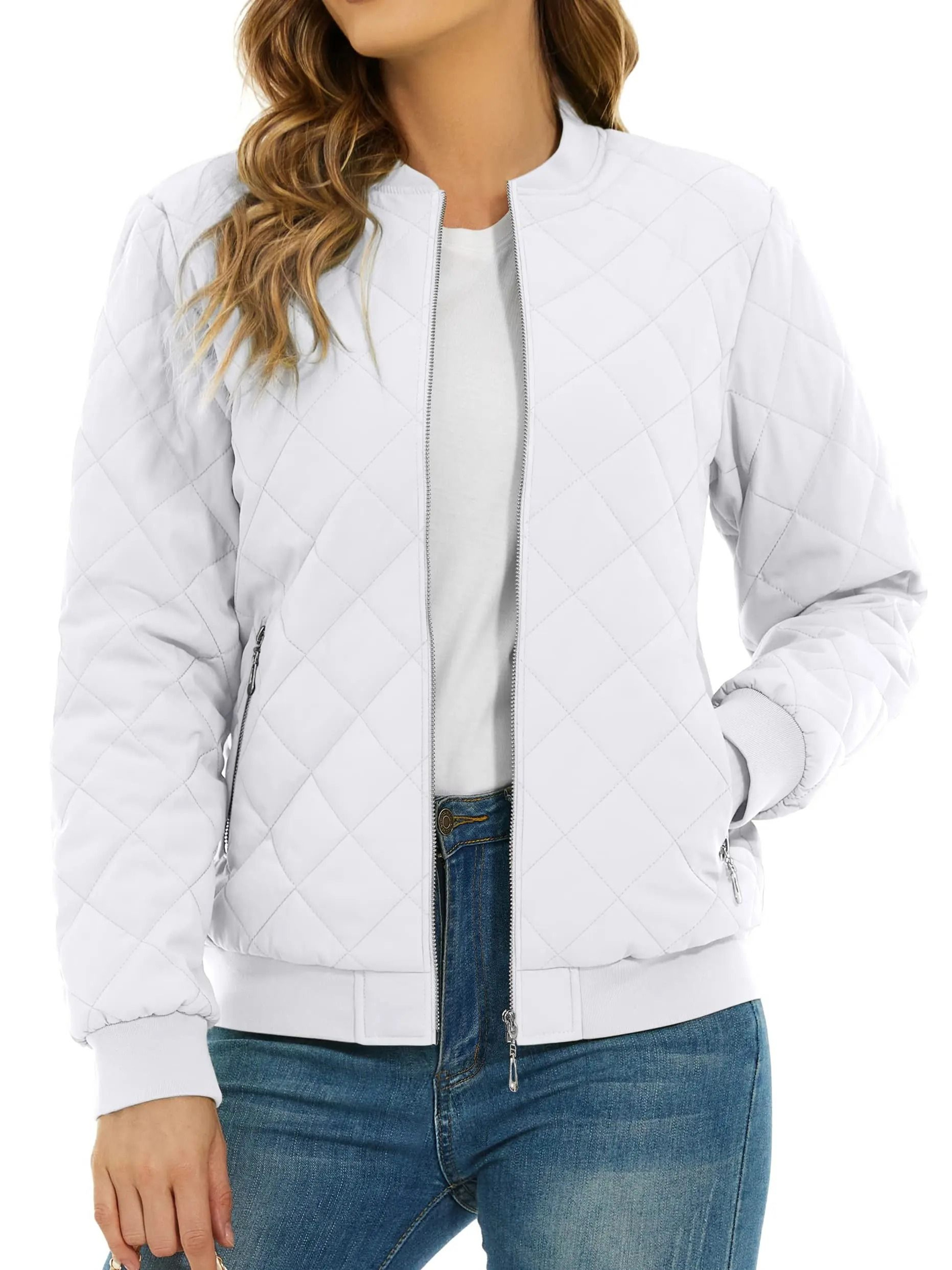 Womens Diamond Quilted Bomber Jacket Full Zip Warm Padded Coat 7