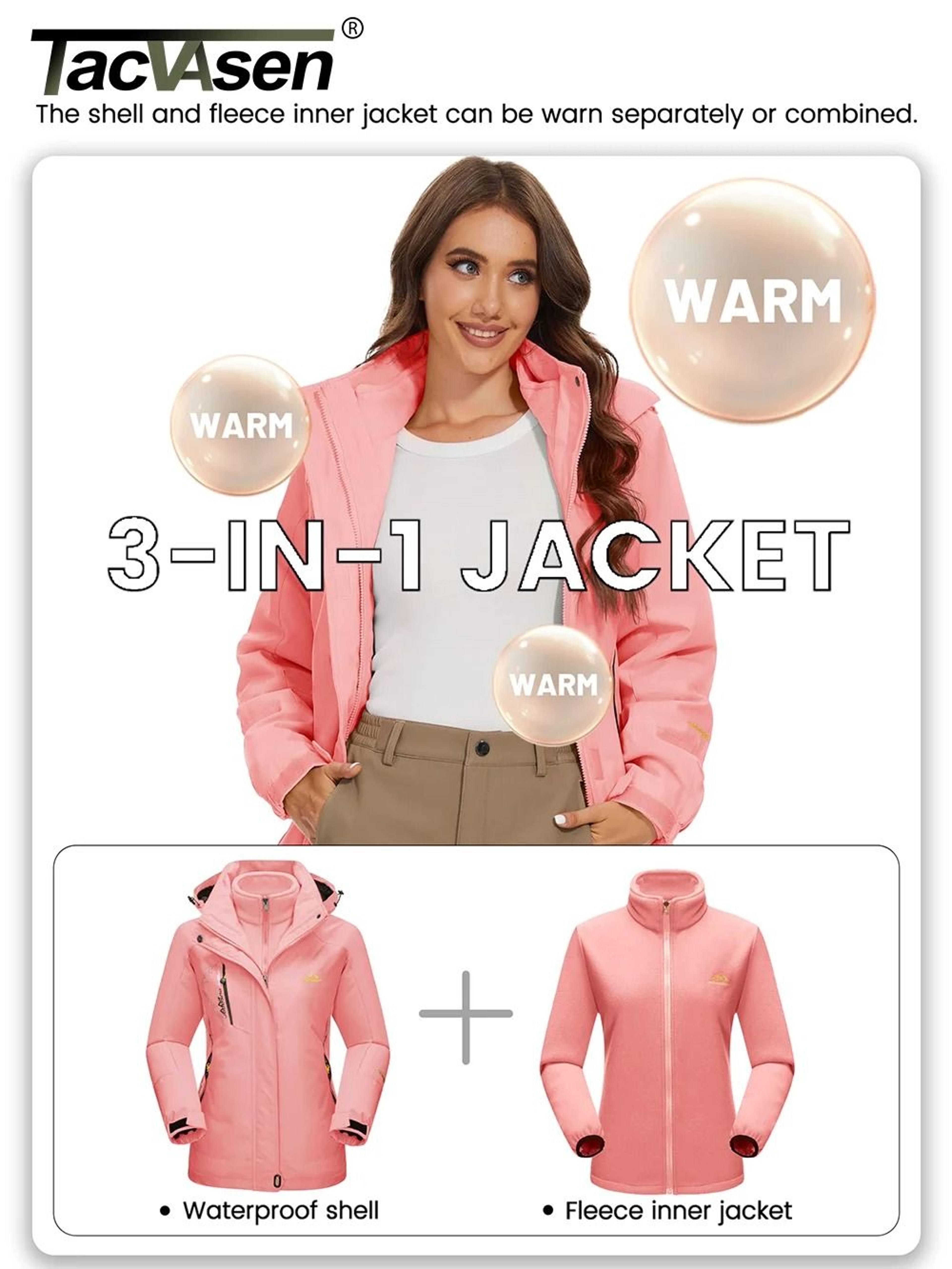 TACVASEN 3in1 Waterproof Fleece Jacket Women Rain Ski Parka 2