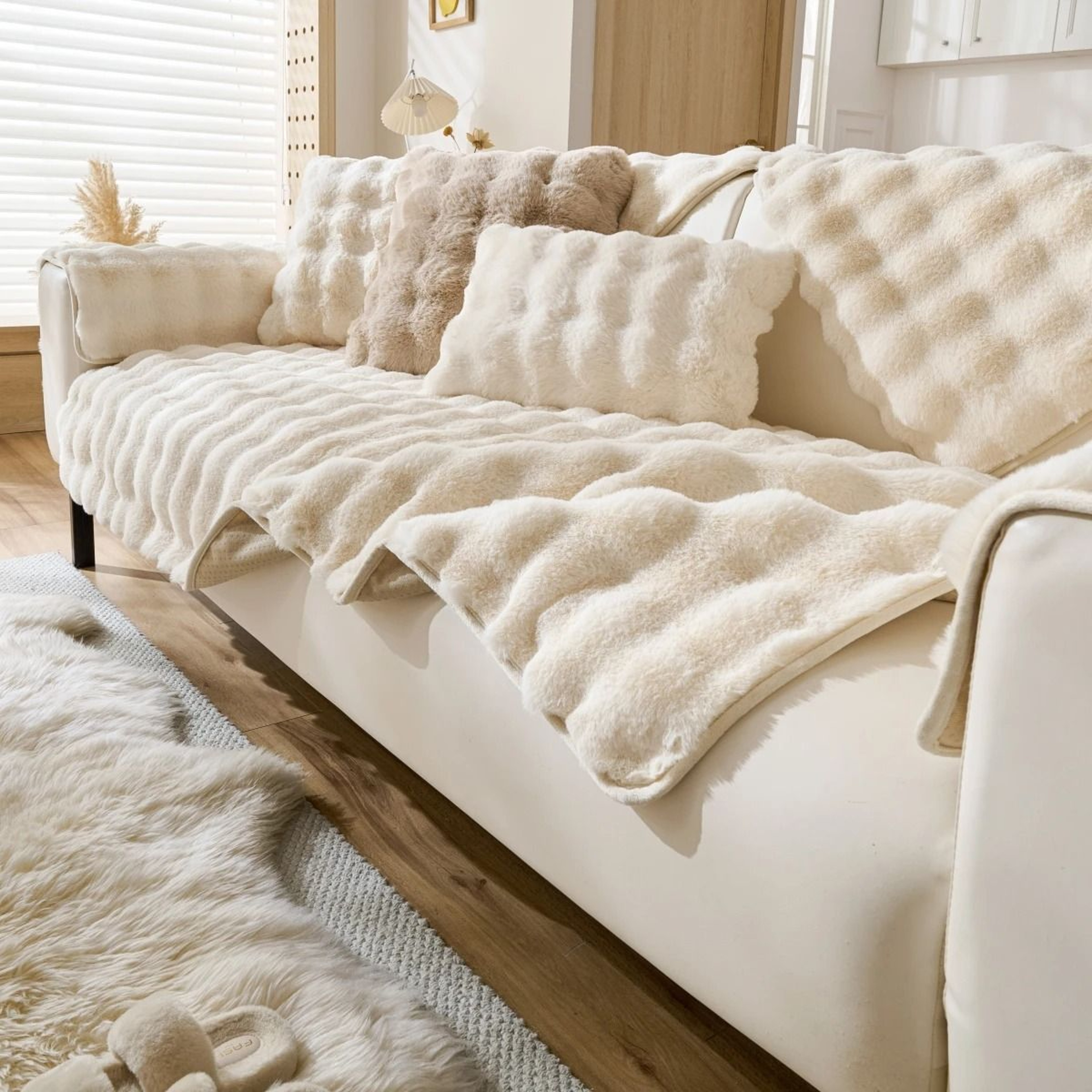 Thick Faux Rabbit Fur Sofa Slipcover Non Slip Plush Couch Cushion Cover 4