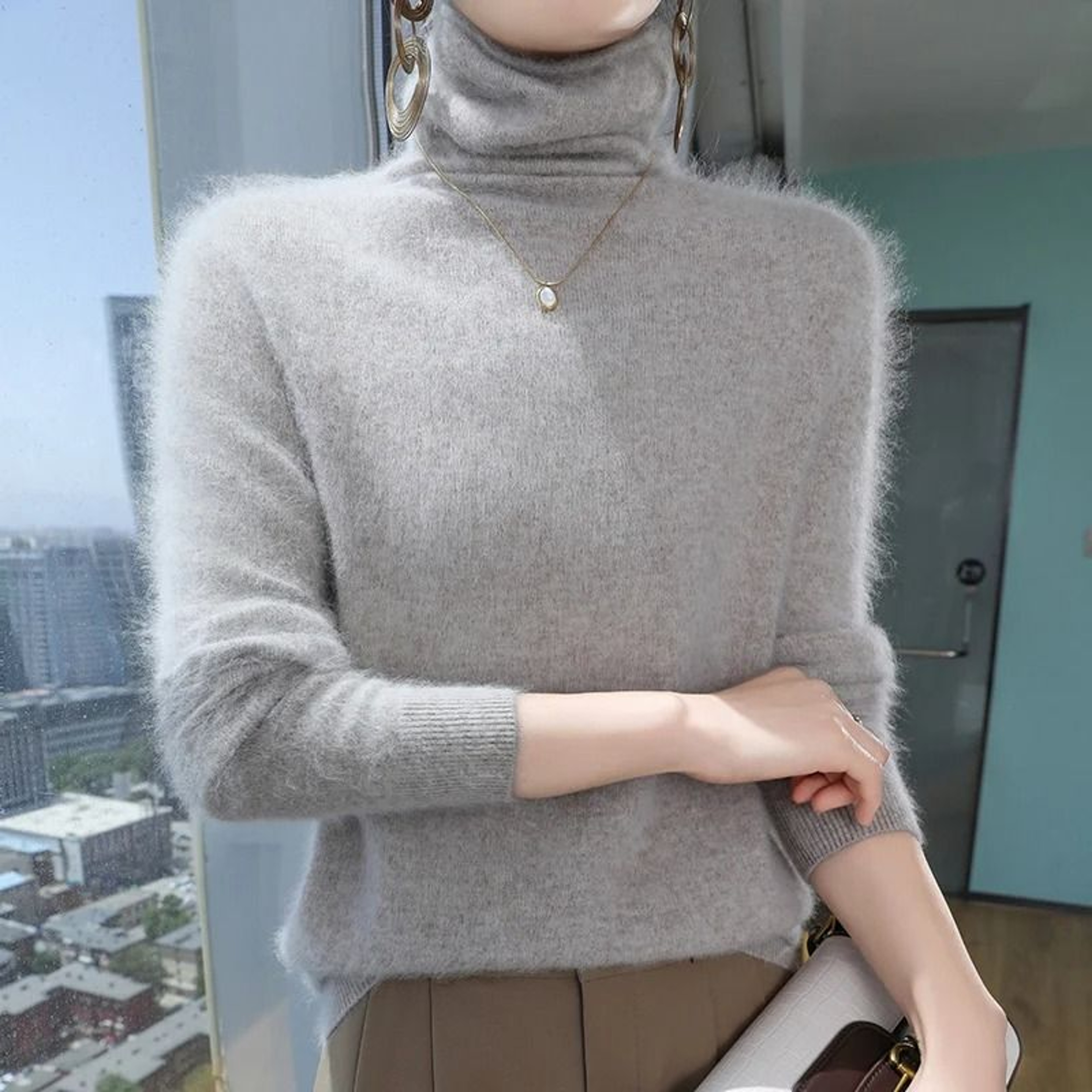 Womens Pure Mink Cashmere Sweater Slim Fit Pullover With Pile Collar Knitted Winter Top 2