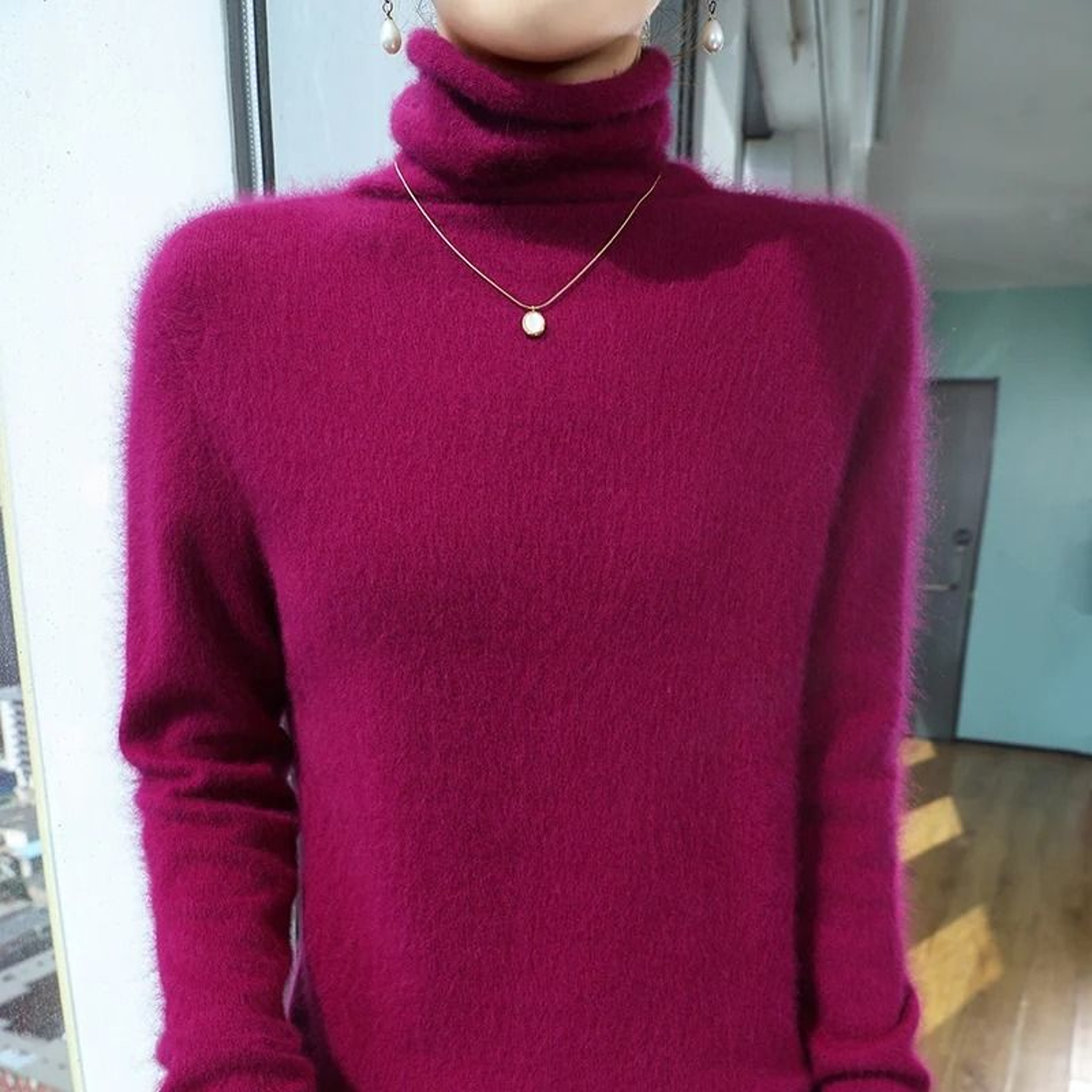 Womens Pure Mink Cashmere Sweater Slim Fit Pullover With Pile Collar Knitted Winter Top 18
