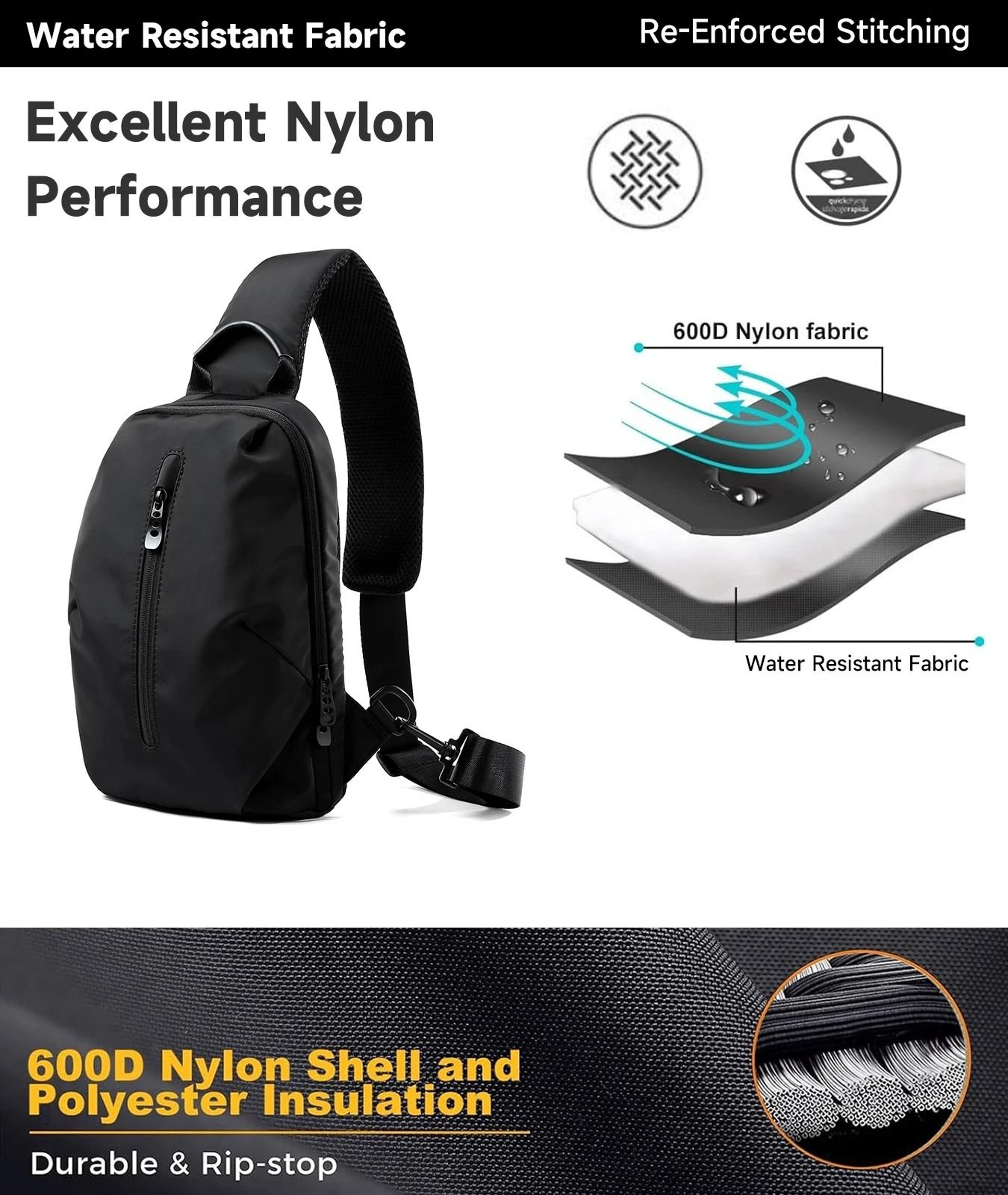 MOYYI Simple Waterproof Nylon Sling Bag Lightweight Crossbody Travel Chest Bag 4