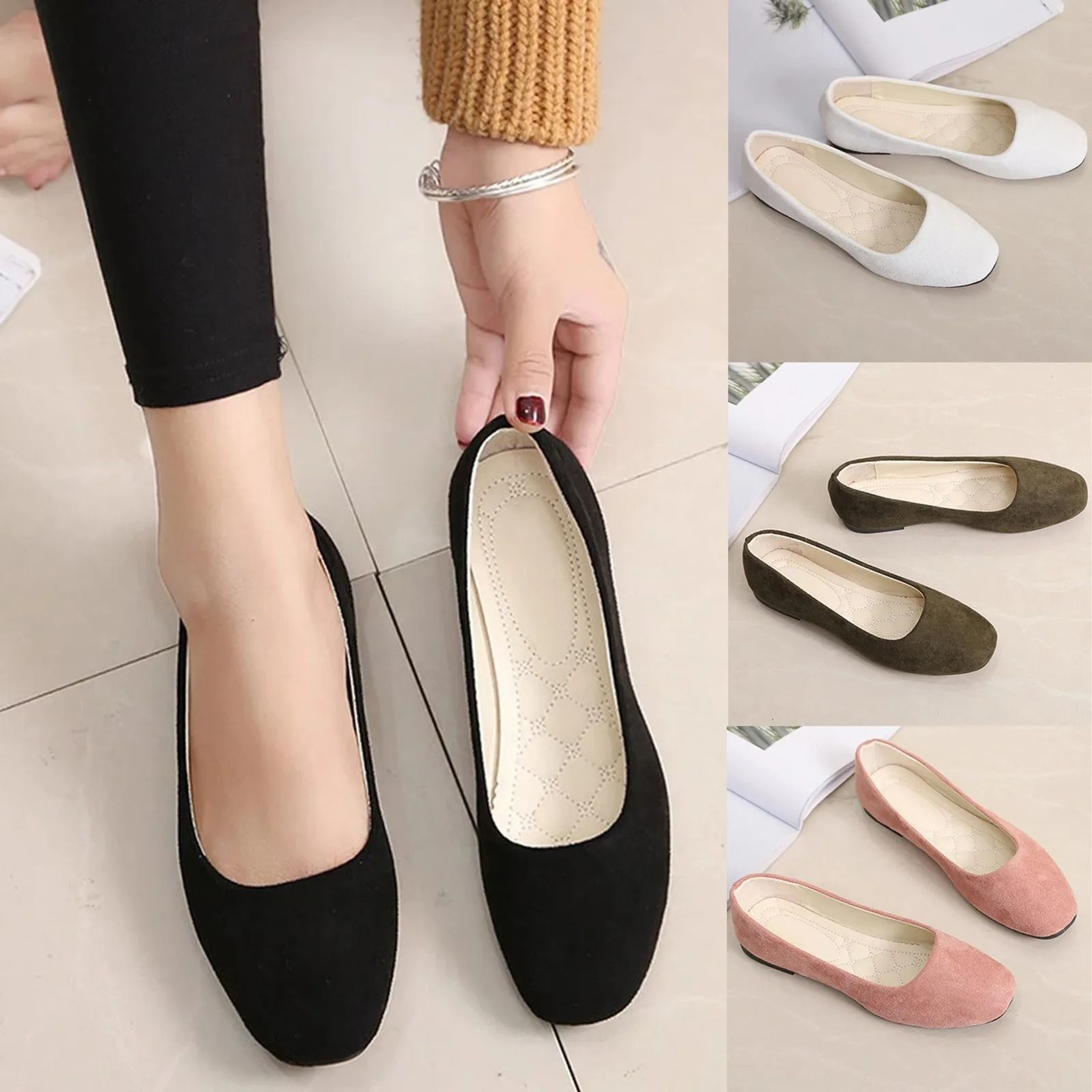 Women Suede Loafers Flat Heel Square Toe Basic Pumps 0