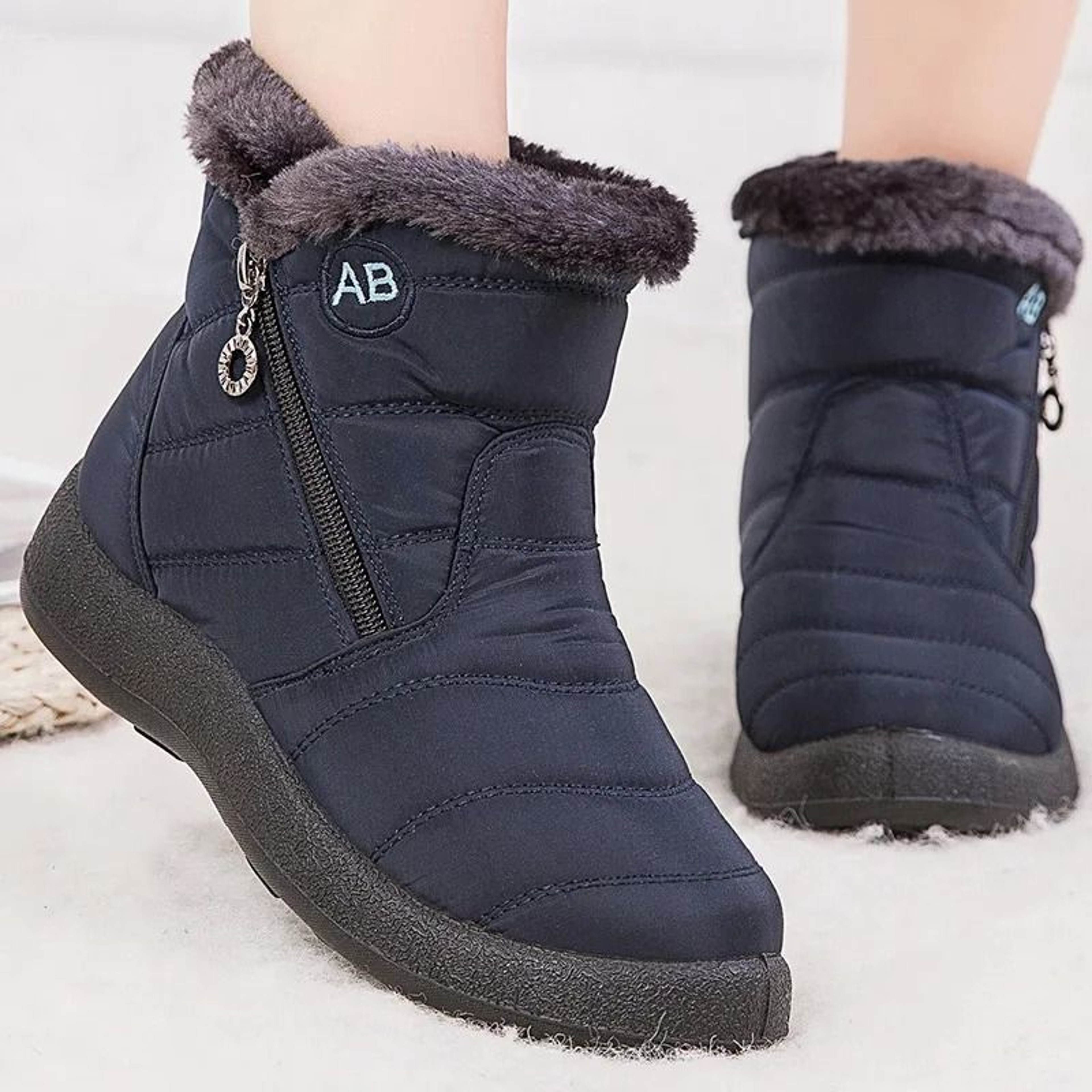 Womens Winter Ankle Boots With Fur Lining Low Heel Waterproof Snow Shoes 1