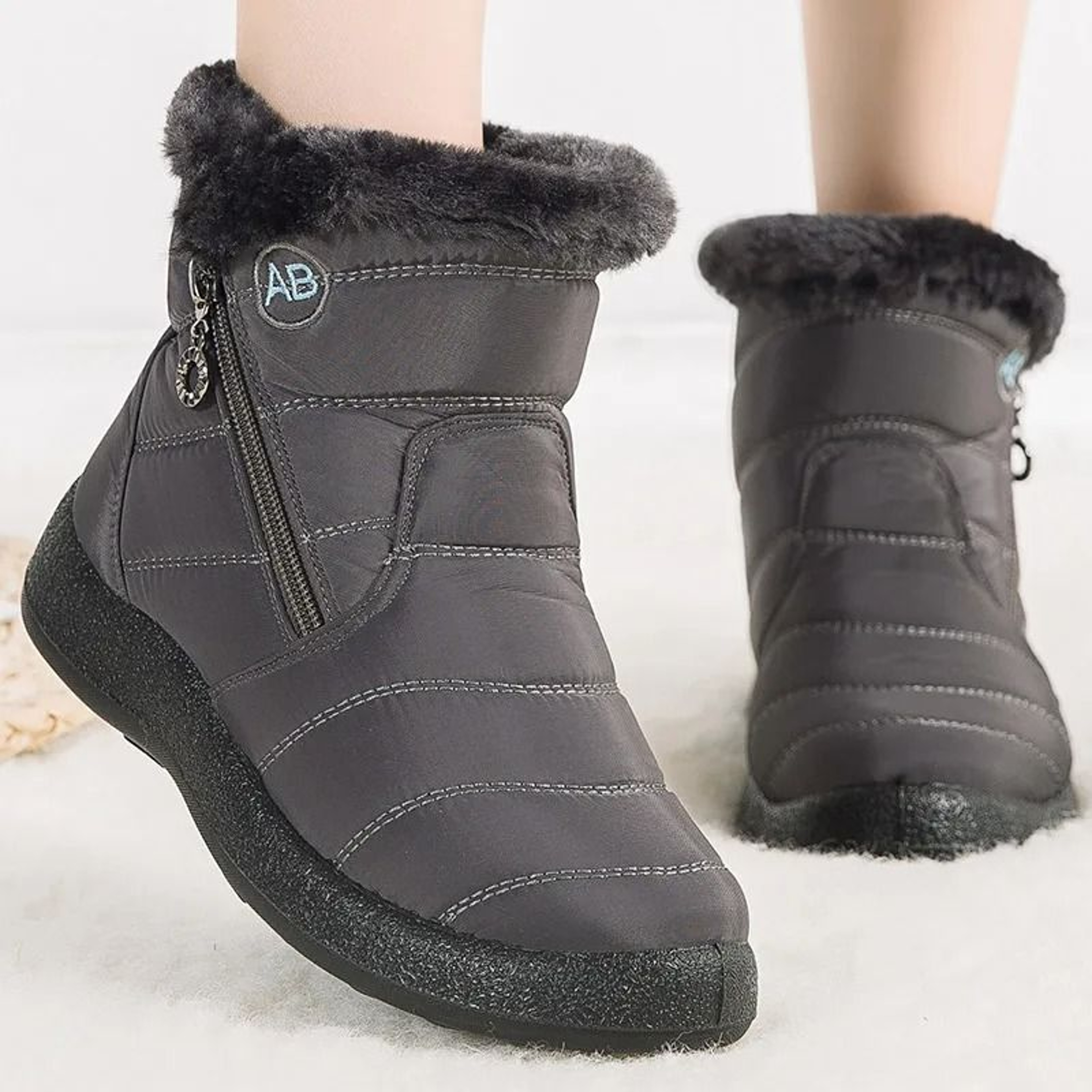 Womens Winter Ankle Boots With Fur Lining Low Heel Waterproof Snow Shoes 8