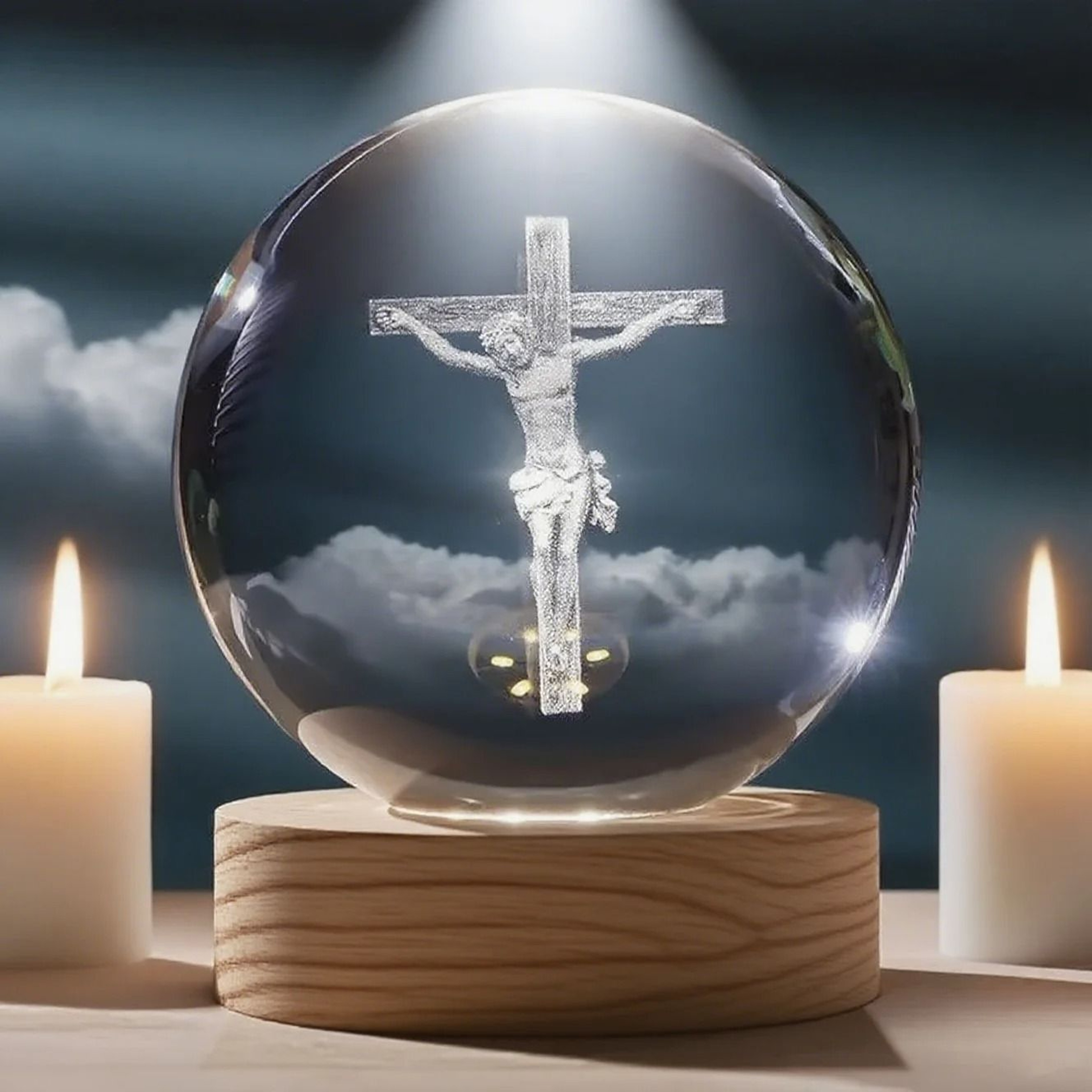 Illuminated Jesus And Virgin Mary Crystal Ball Set With Cross 0