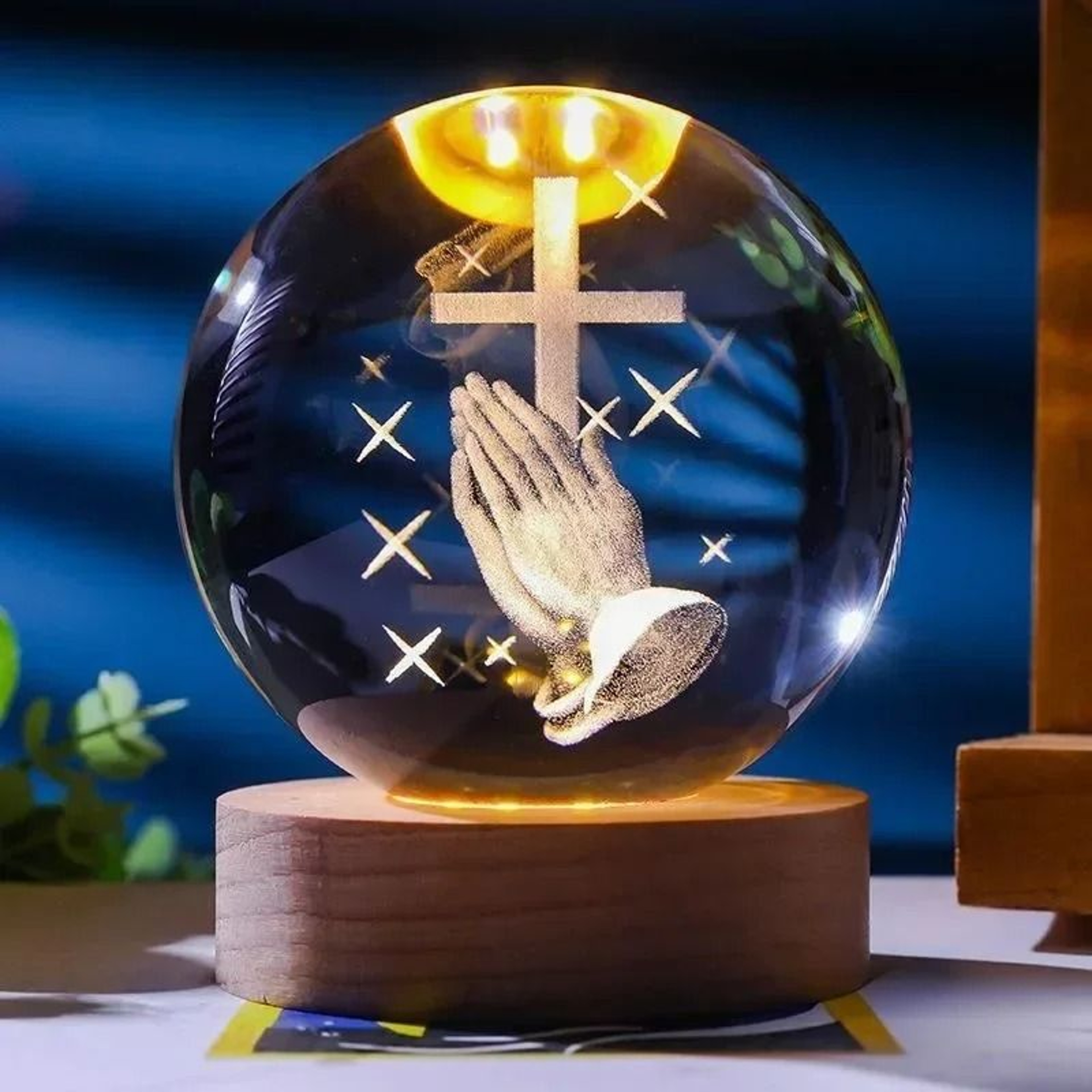 Illuminated Jesus And Virgin Mary Crystal Ball Set With Cross 9