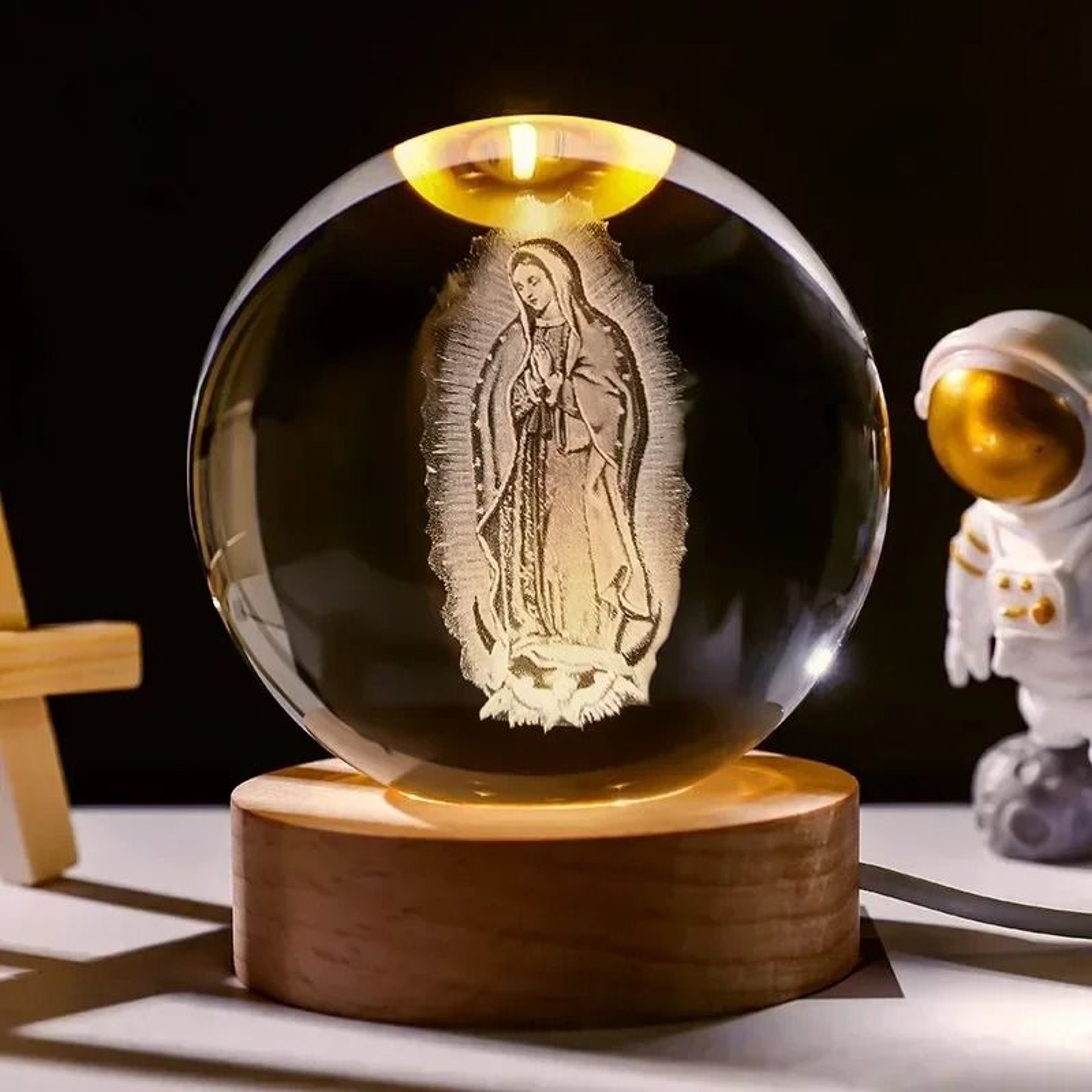 Illuminated Jesus And Virgin Mary Crystal Ball Set With Cross 2