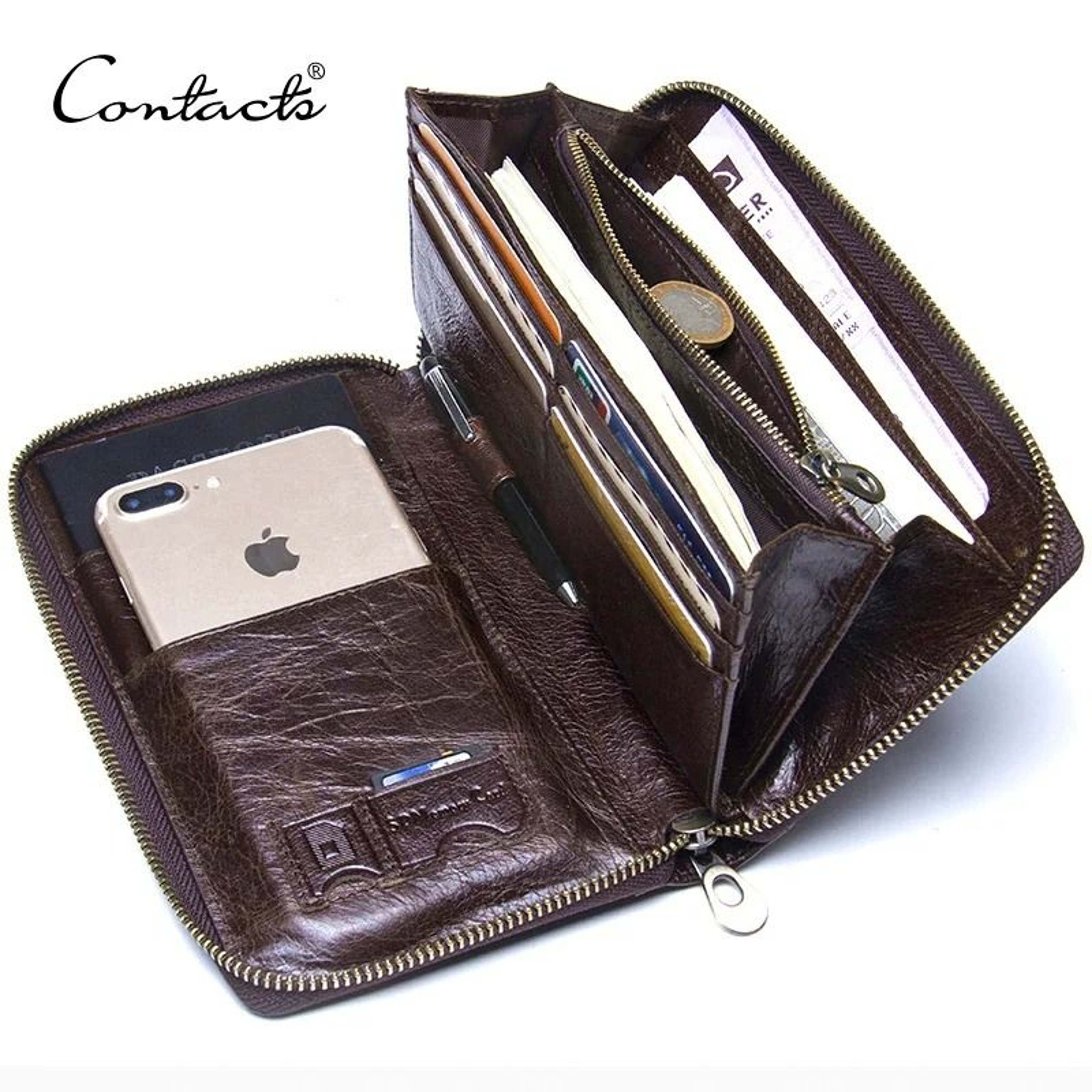 Genuine Leather Men Clutch Wallet Long Zipper Travel Purse 0
