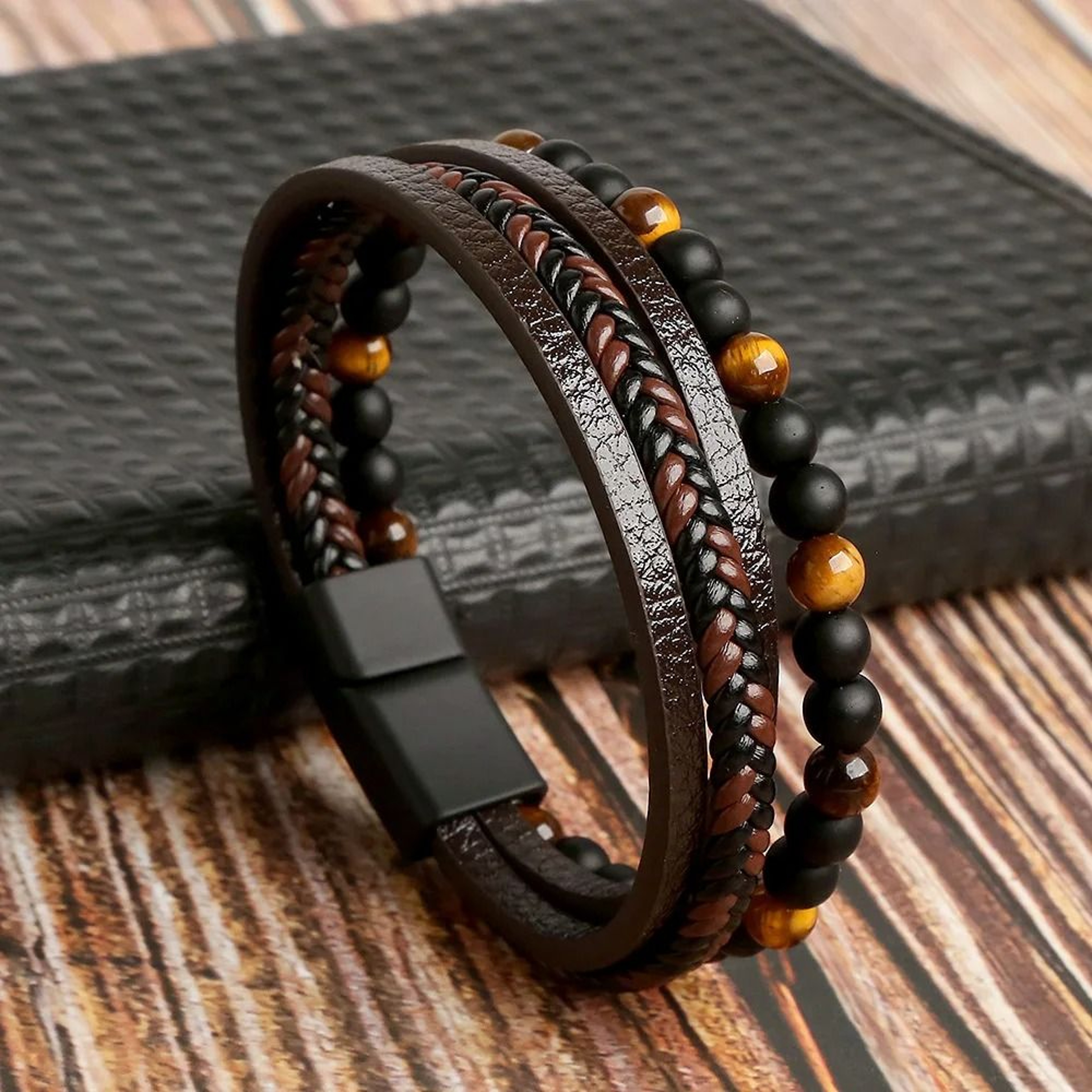 Leather Beaded Tiger Eye Multi Layer Bracelet For Men 0