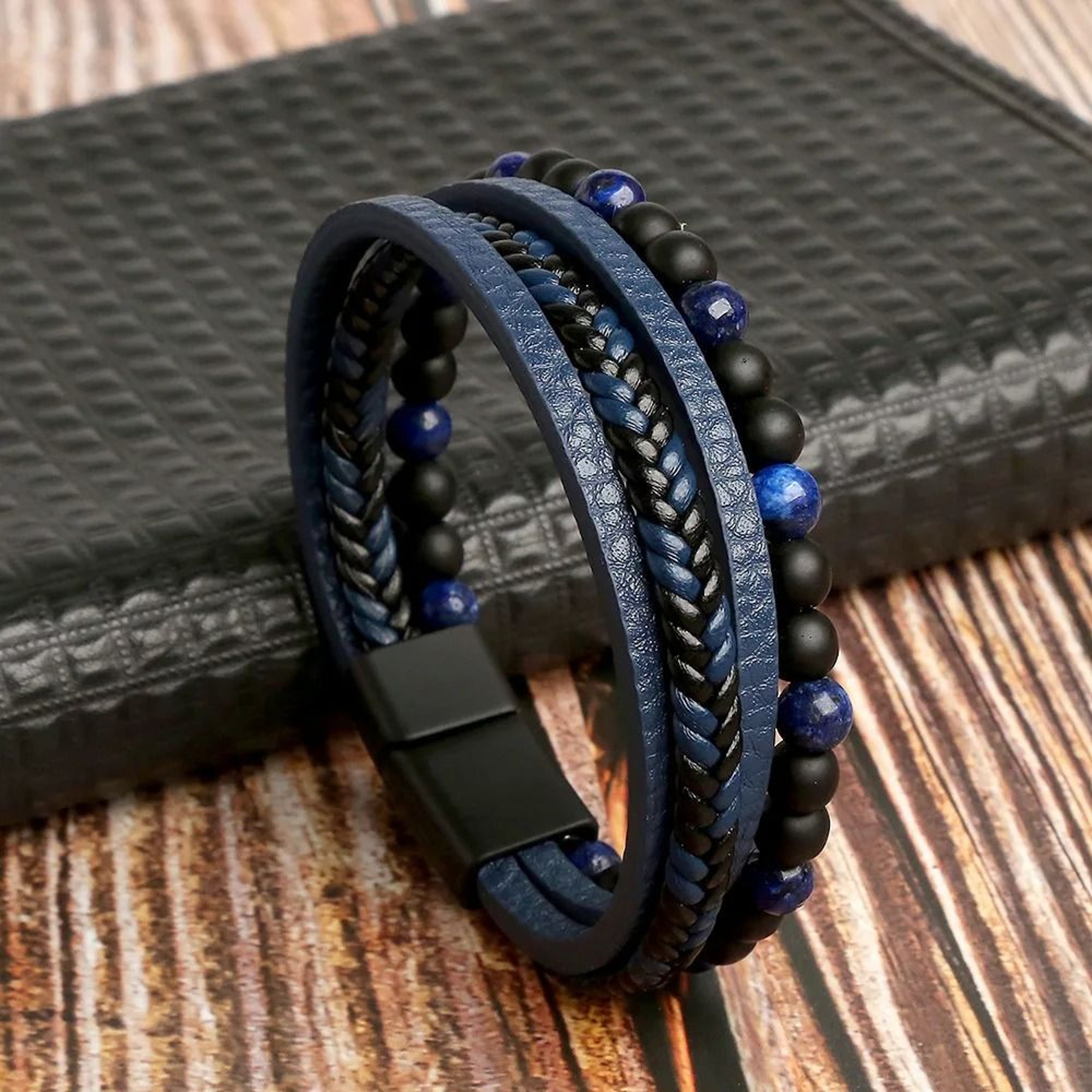 Leather Beaded Tiger Eye Multi Layer Bracelet For Men 9