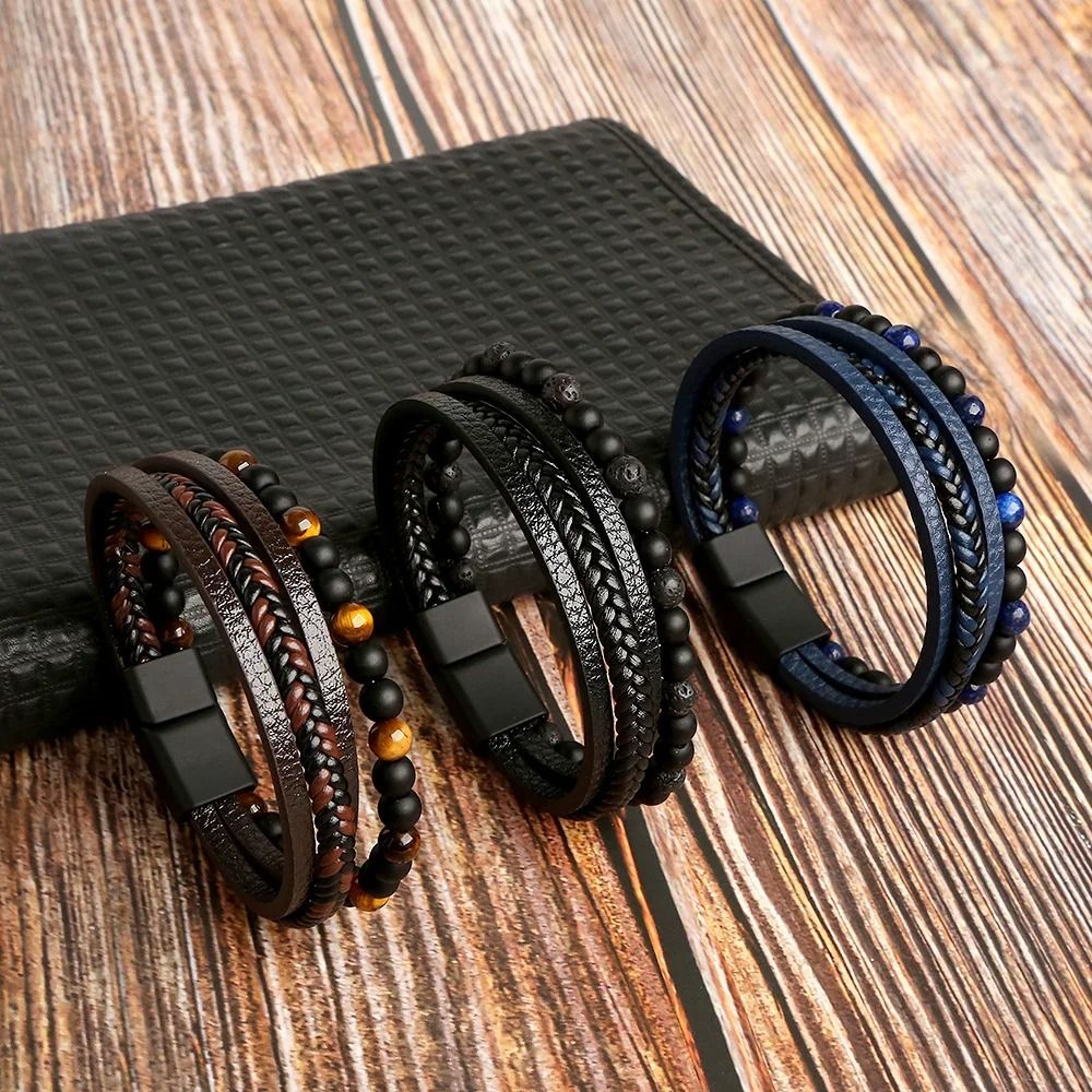 Leather Beaded Tiger Eye Multi Layer Bracelet For Men 1
