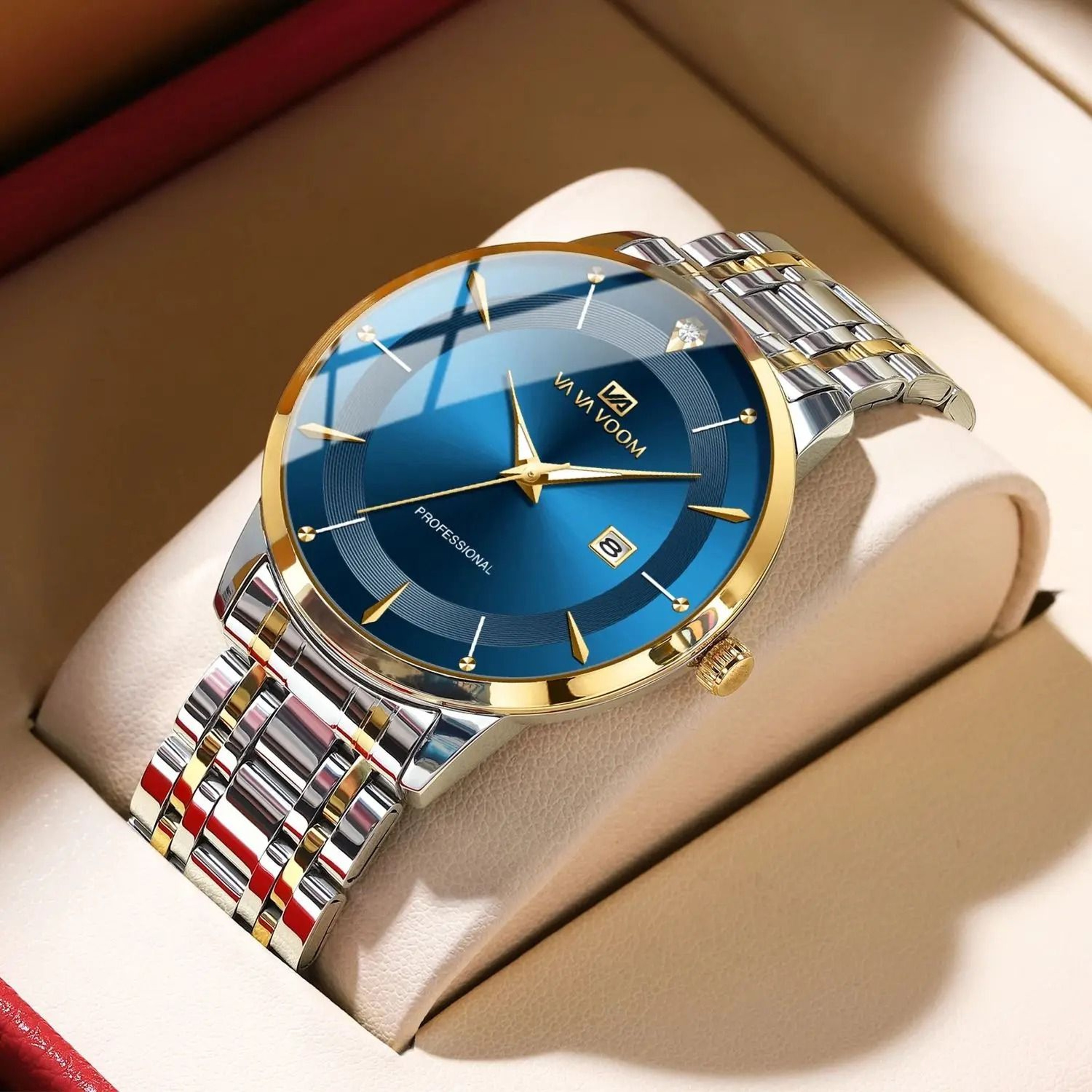 Mens Stainless Steel Rhinestone Business Watch 43mm Blue Gold Quartz 0