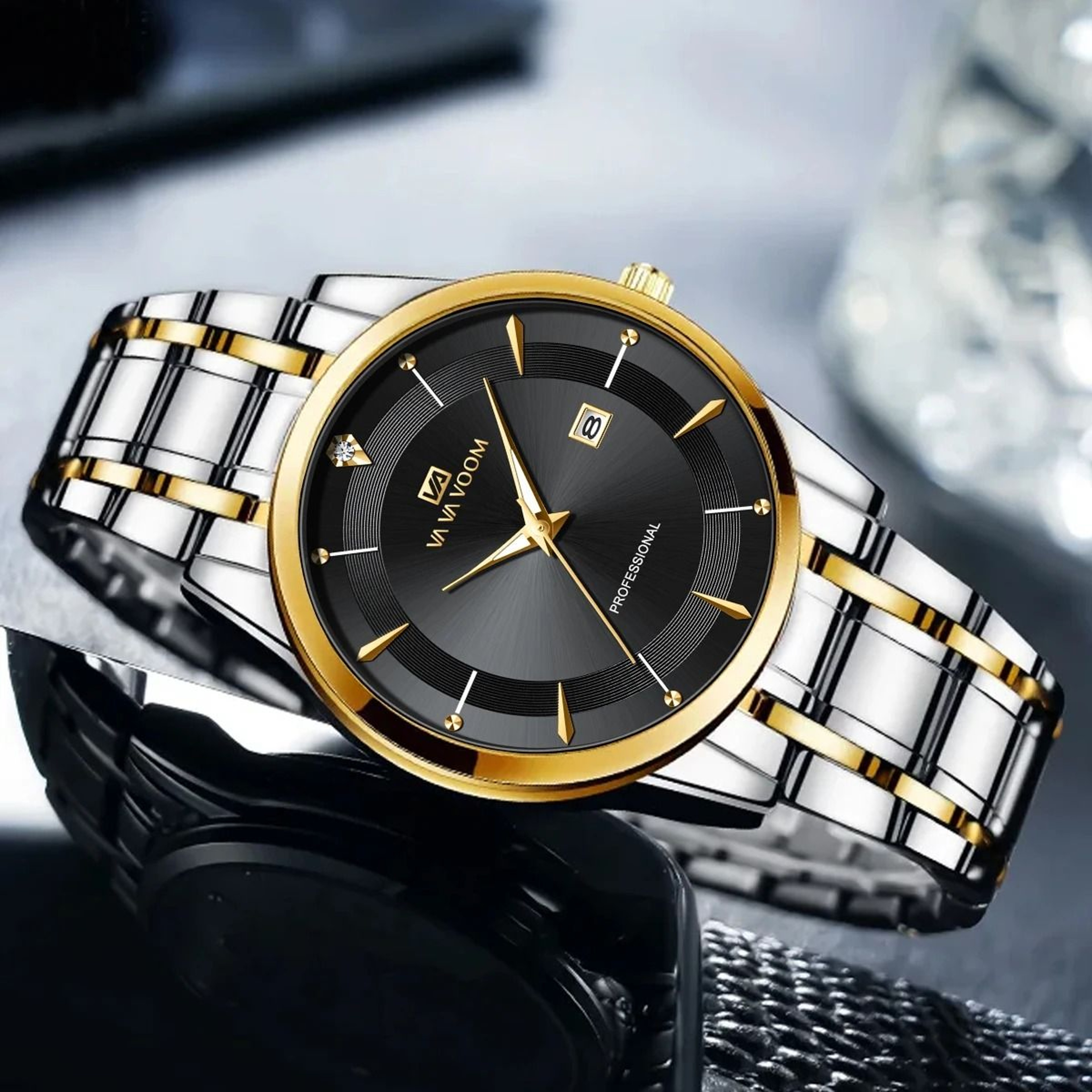 Mens Stainless Steel Rhinestone Business Watch 43mm Blue Gold Quartz 2