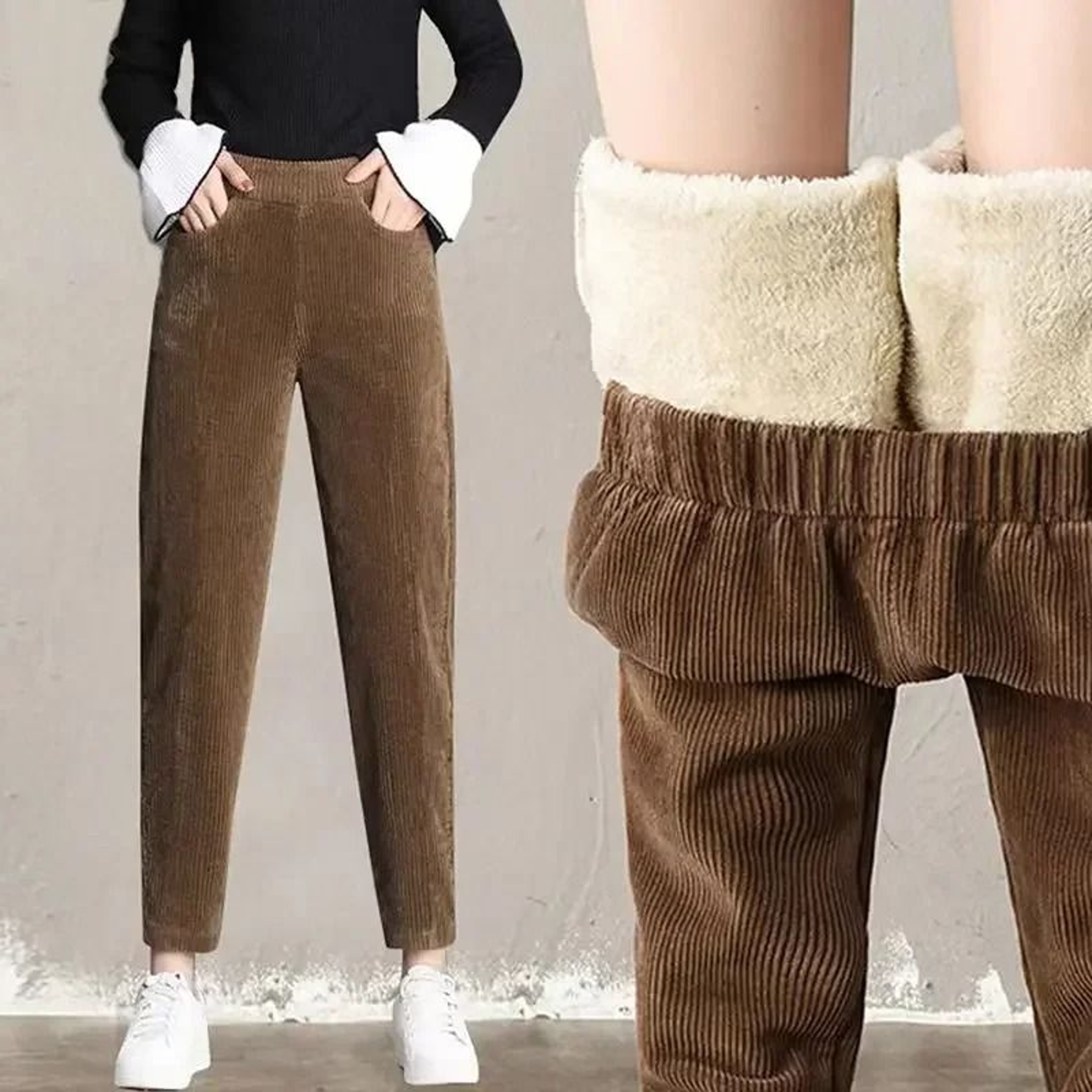 Women Corduroy Warm Pants With Thick Plush Lining High Waist Casual Harem Trousers 0