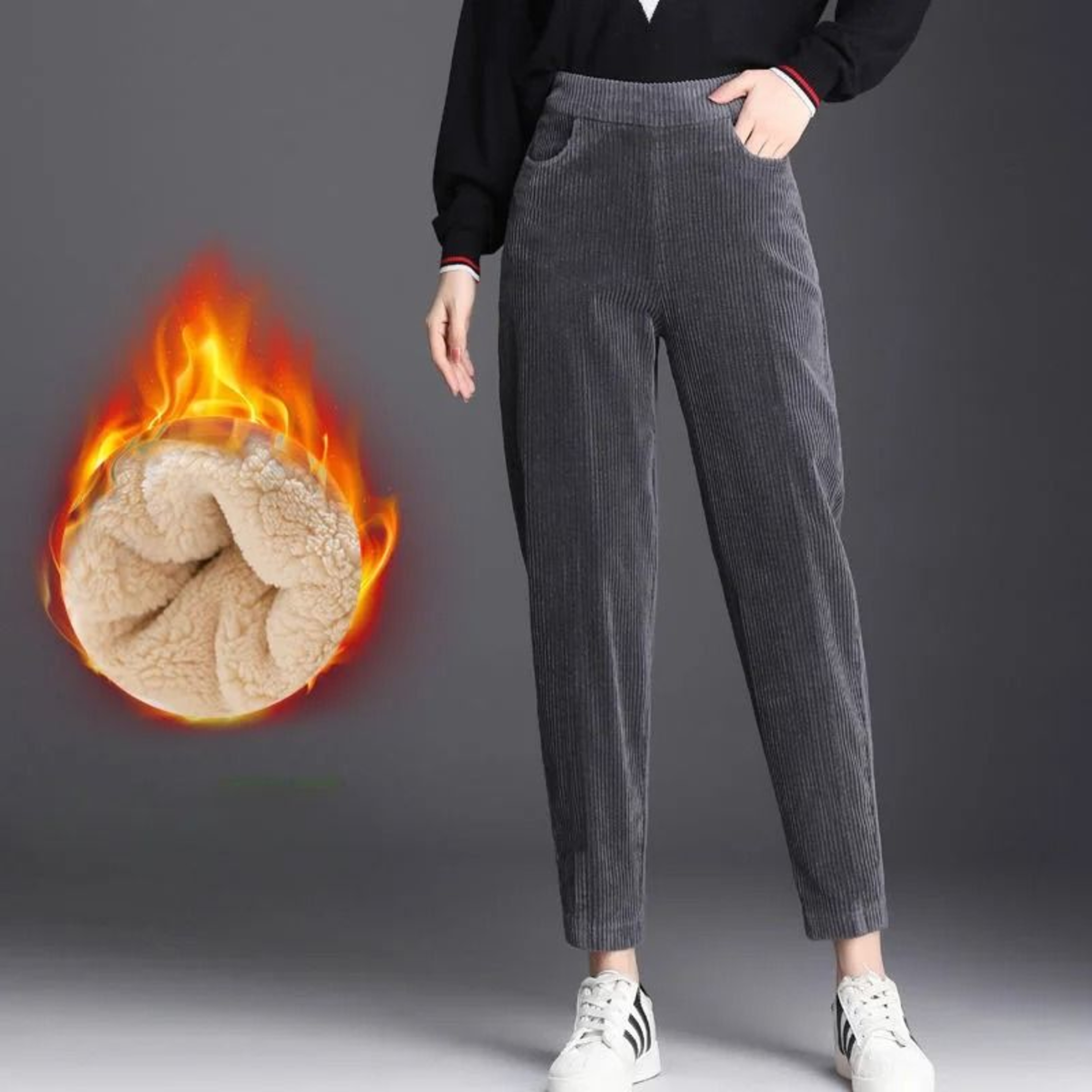 Women Corduroy Warm Pants With Thick Plush Lining High Waist Casual Harem Trousers 7