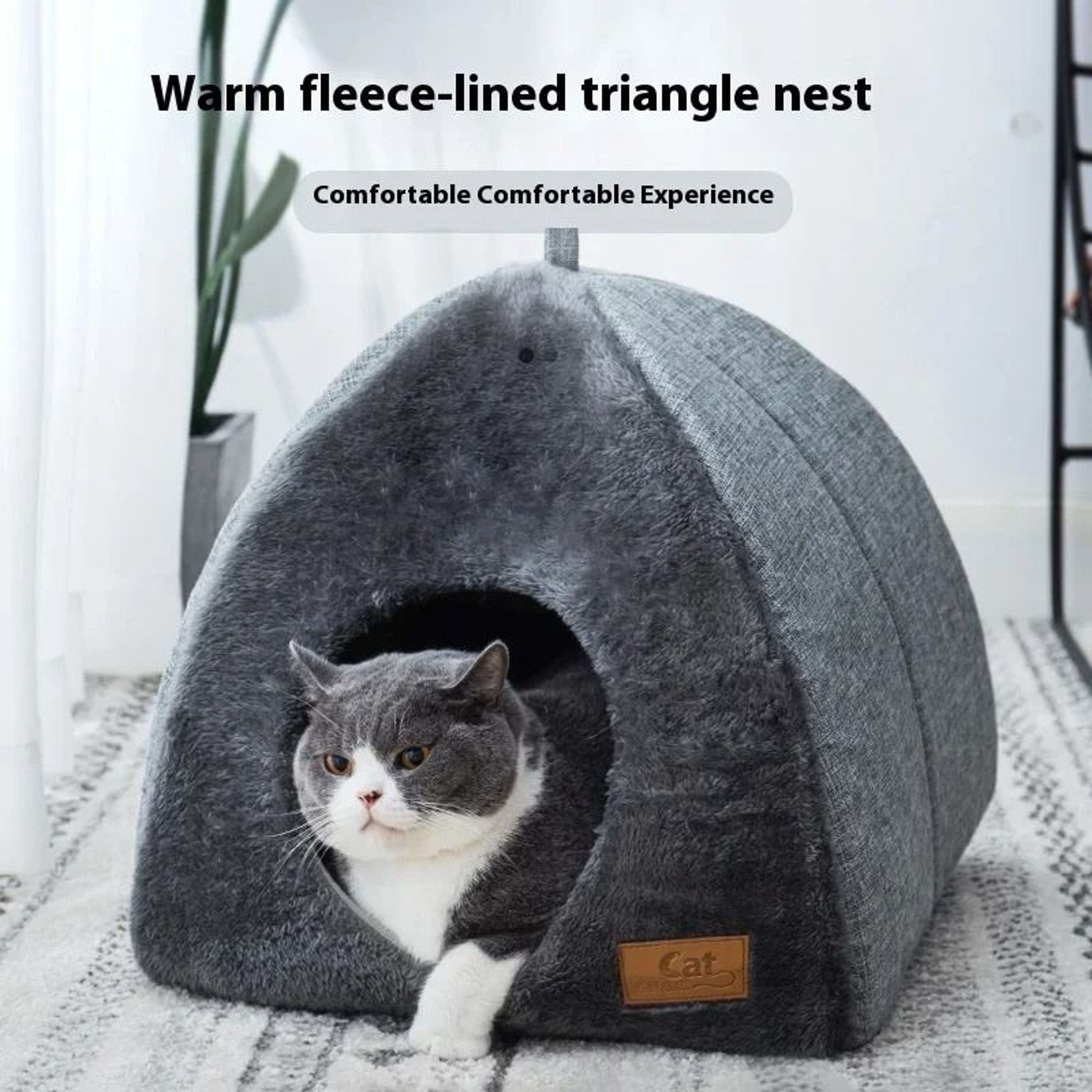 Triangle Cat Bed Indoor Enclosed Pet House With Soft Fleece For Deep Sleep 0