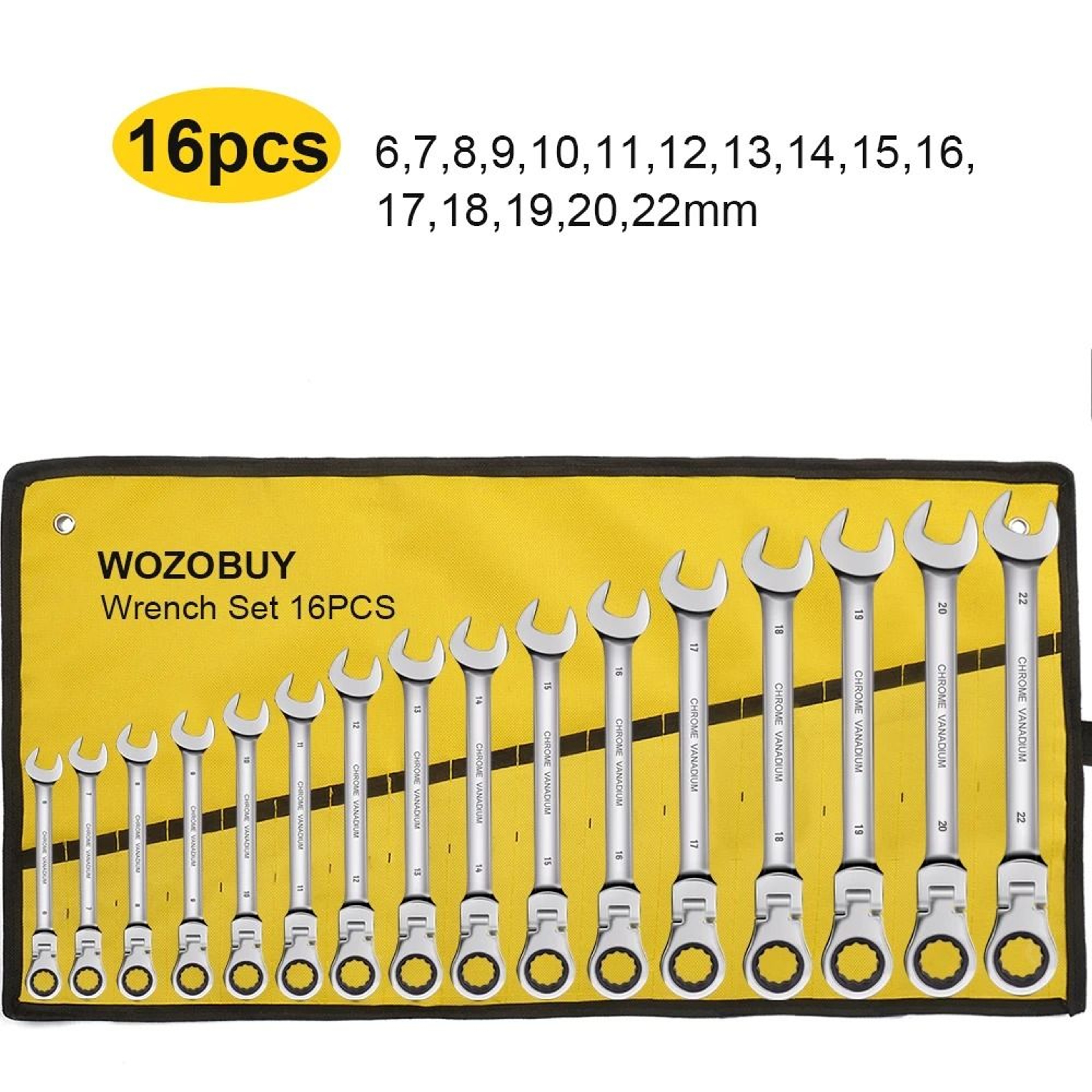 Metric Flex Head Ratcheting Wrench Set With Chrome Vanadium Steel And Organizer Bag 7