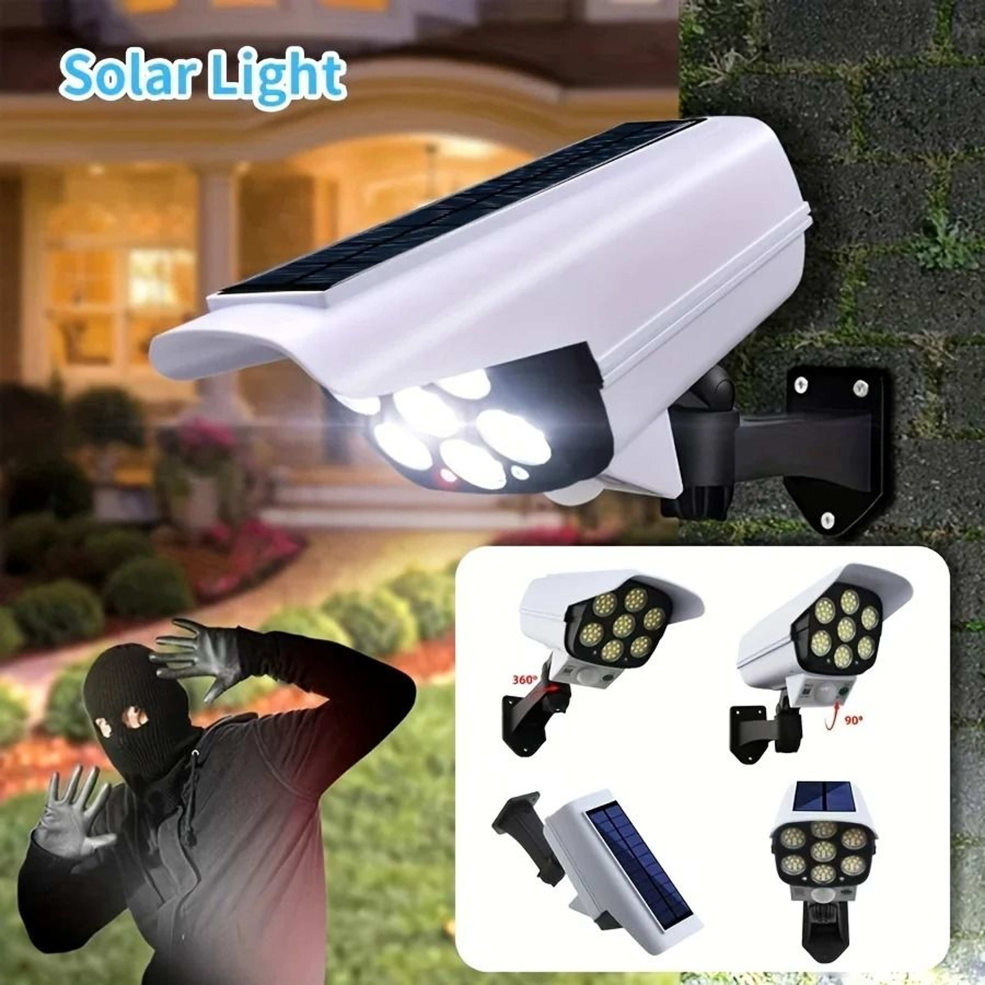 LED Outdoor Motion Sensor Solar Flood Light With Dummy Security Camera Design 0