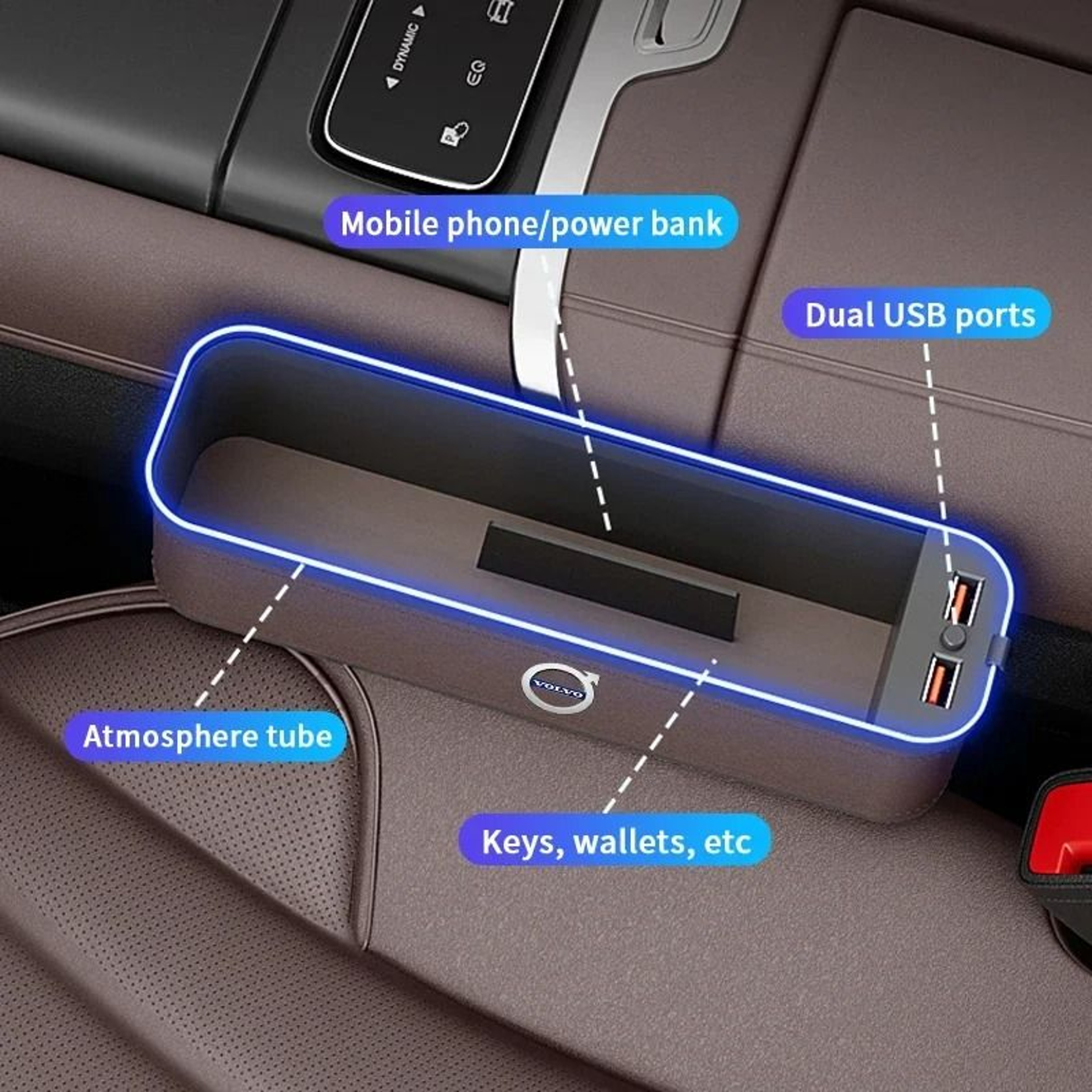 Volvo Seat Crevice Storage Box USB Charging Gap Slot Organizer 5