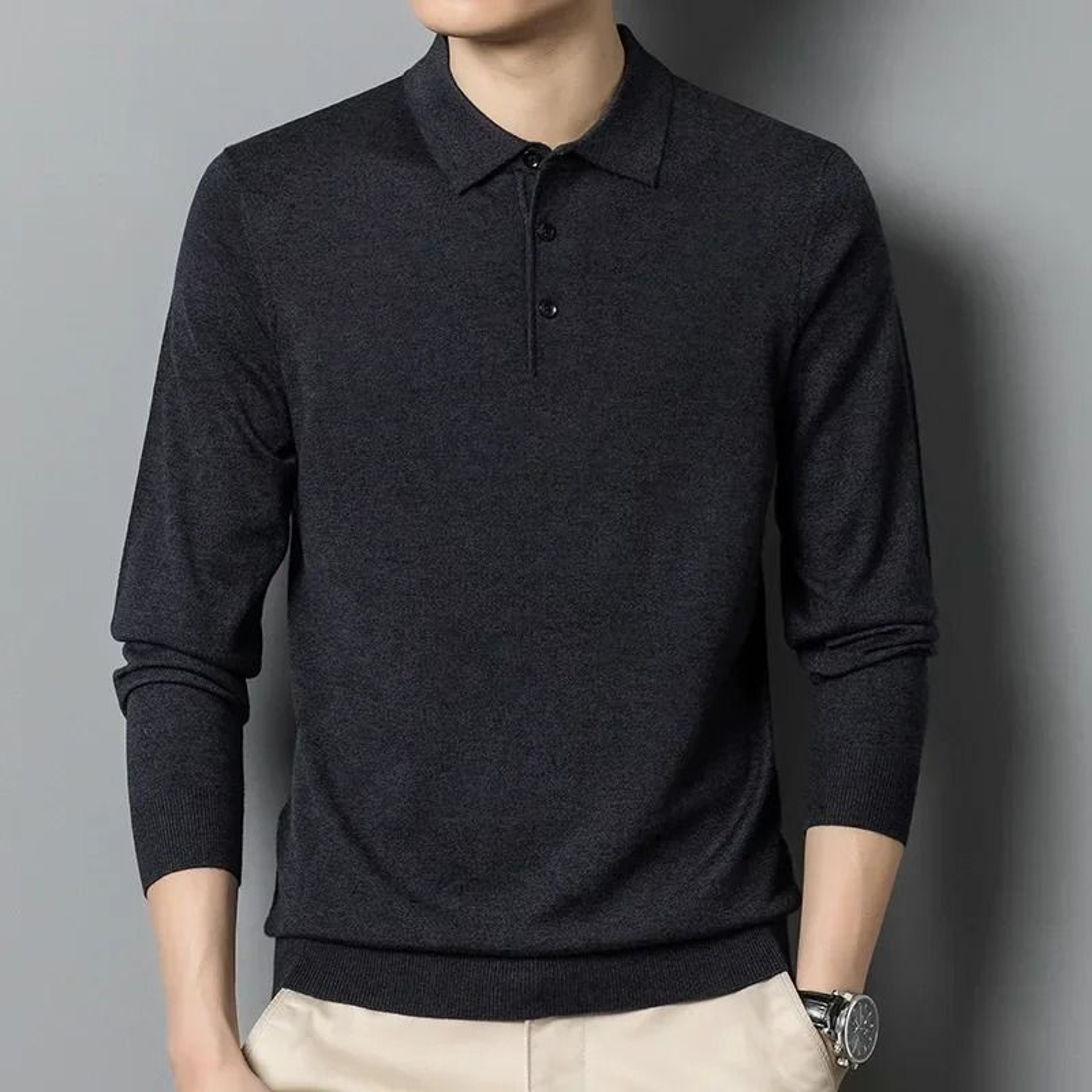 Mens Wool Blend Long Sleeve Polo Pullover Sweater With Lapel 15