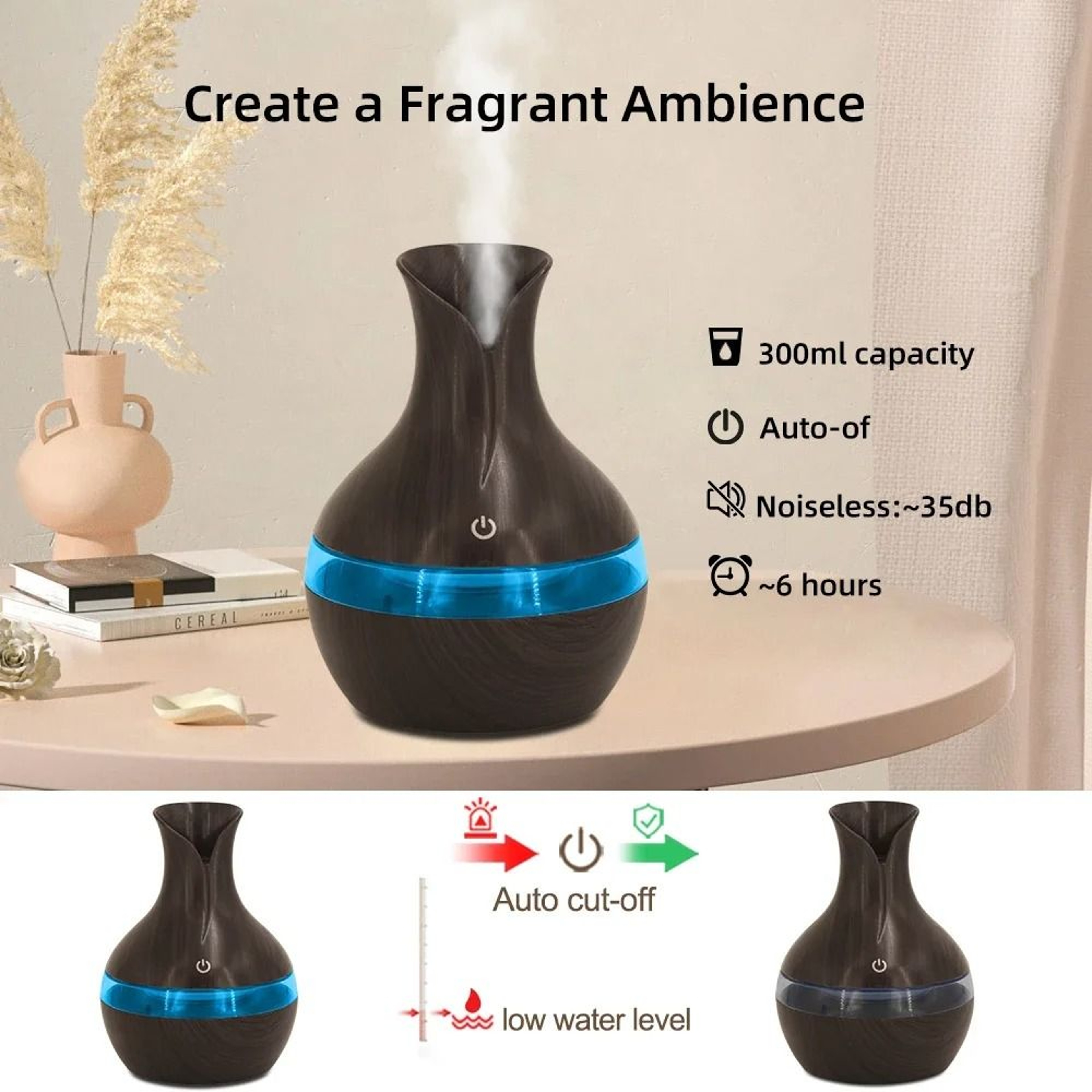 300 Ml Aromatherapy Humidifier Cool Mist Diffuser Wood Grain Design 5