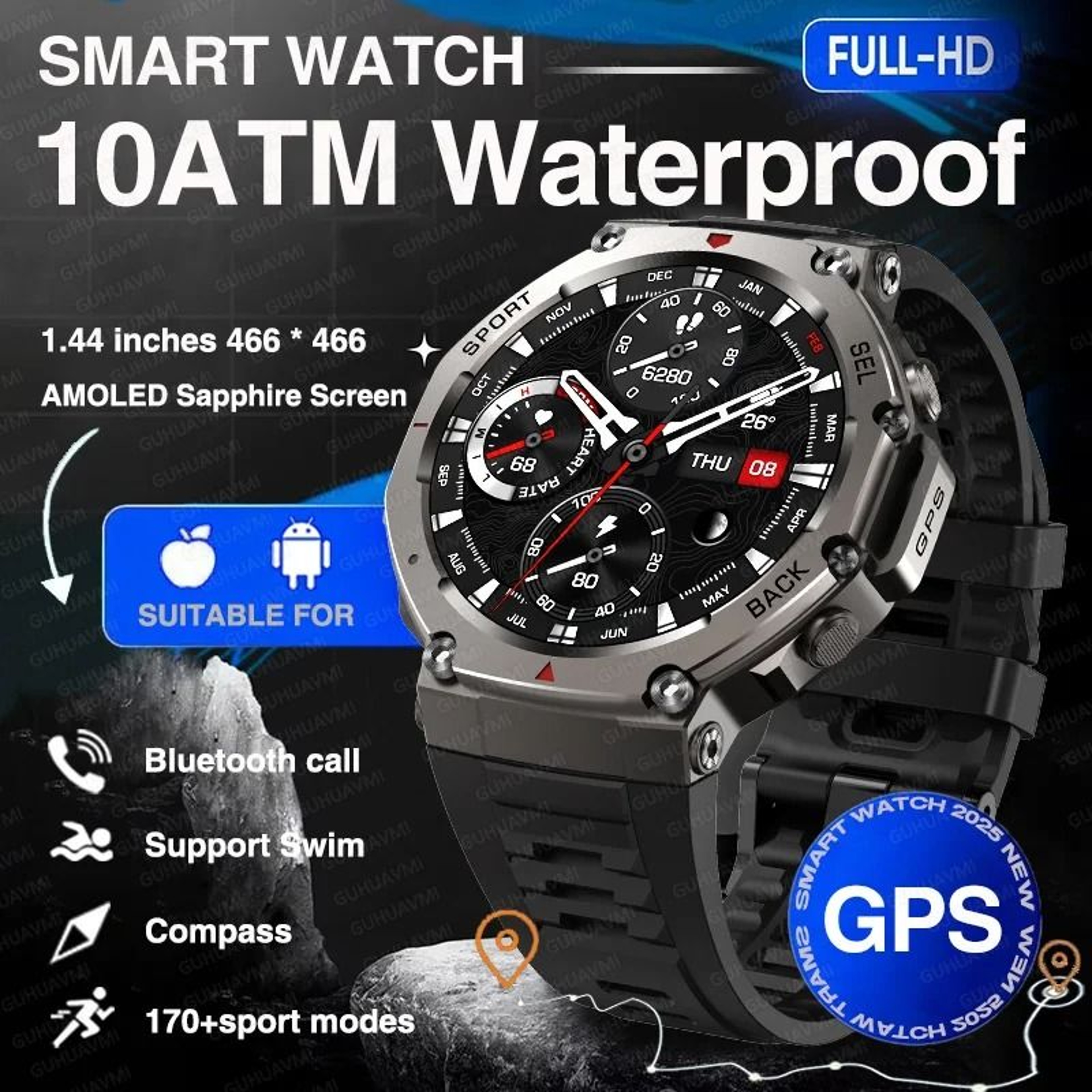 2025 Military Bluetooth Call Smart Watch Builtin GPS Compass Barometric Altimeter 10ATM Waterproof 6