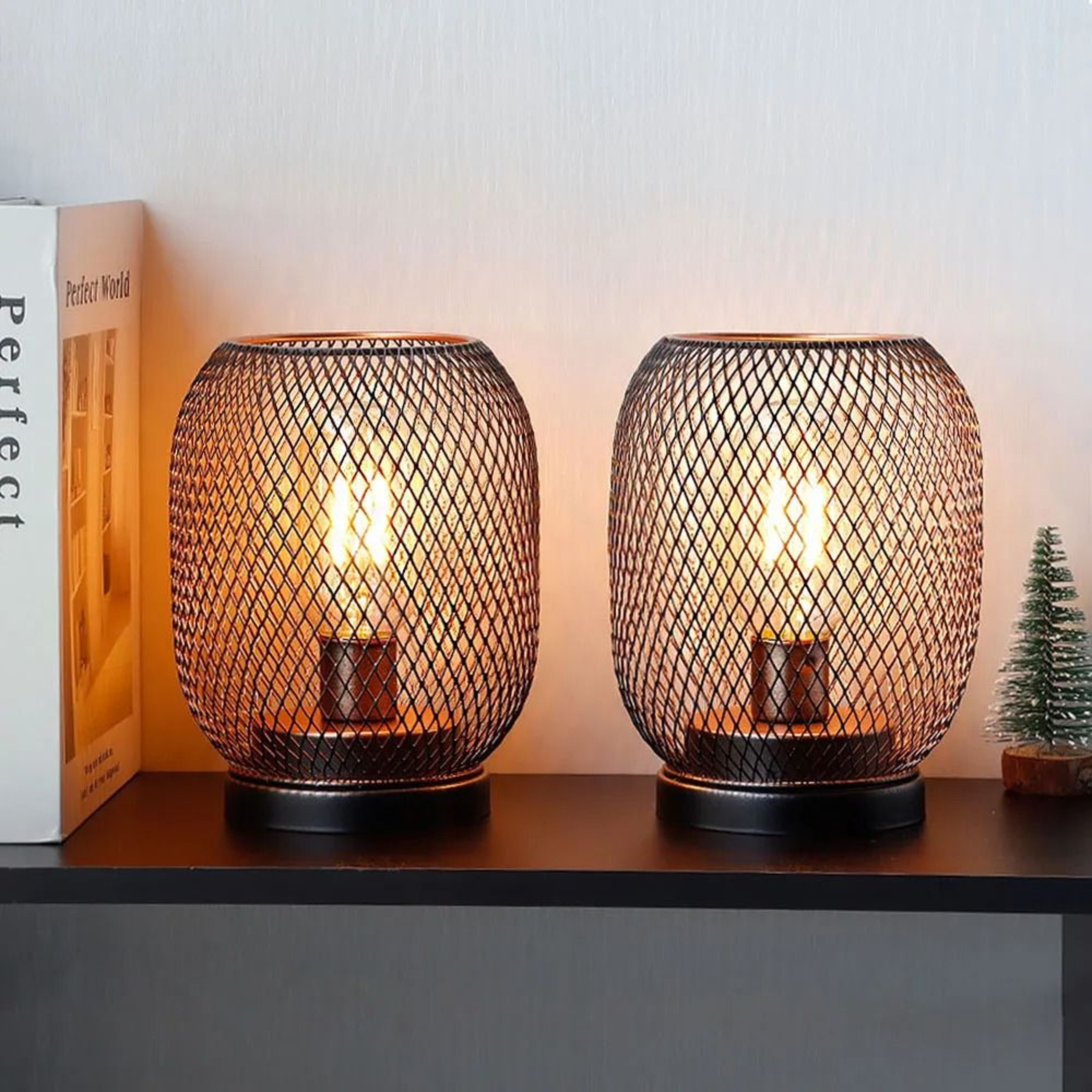 Metal Cage Table Lamp Round Shaped LED Lantern Battery Powered Cordless 1