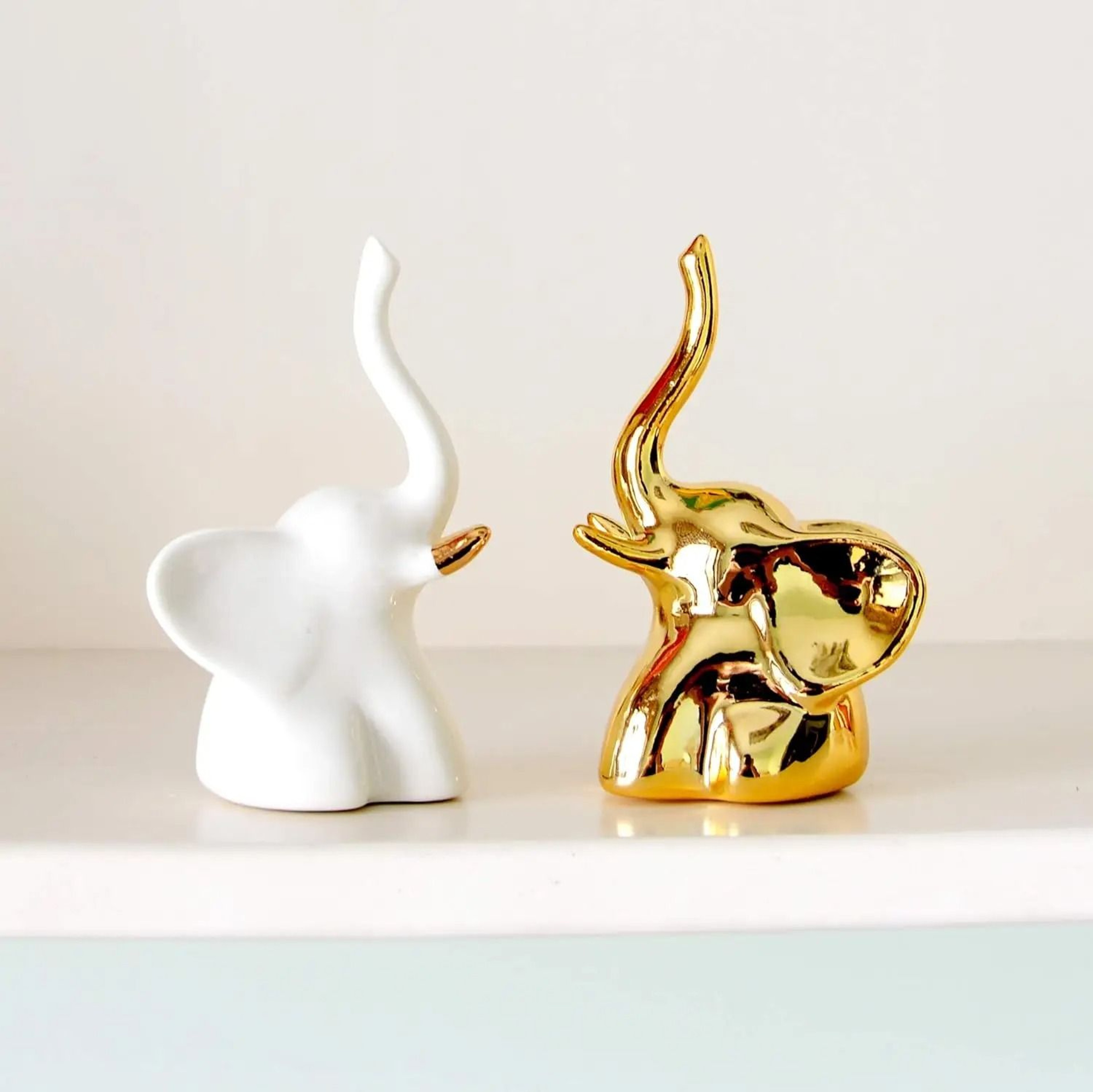 Gold And White Ceramic Elephant Statue Pair Small Decorative Accents For Living Room 0