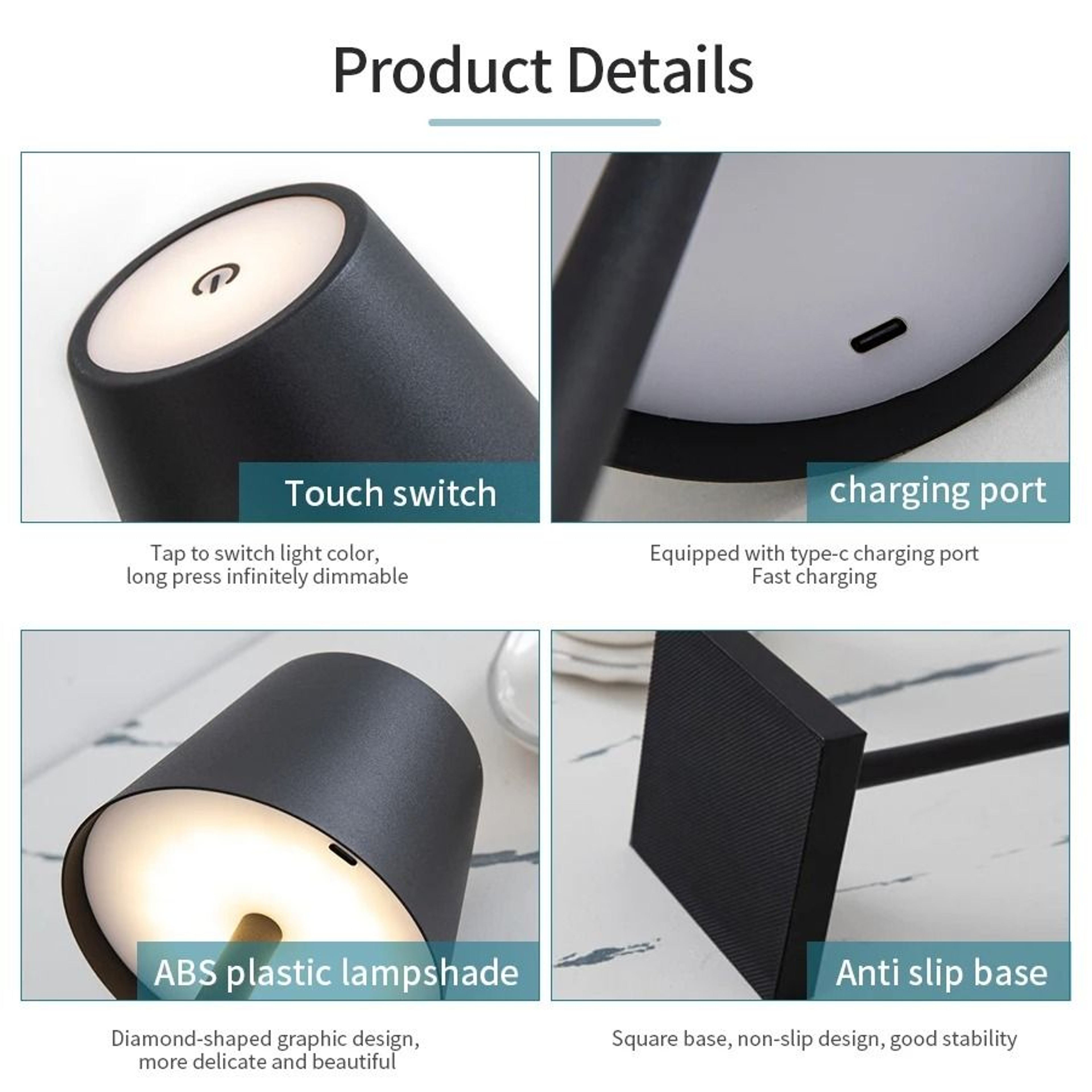 Rechargeable LED Table Lamp Touch Switch Three Levels Dimmable Desk Light 4