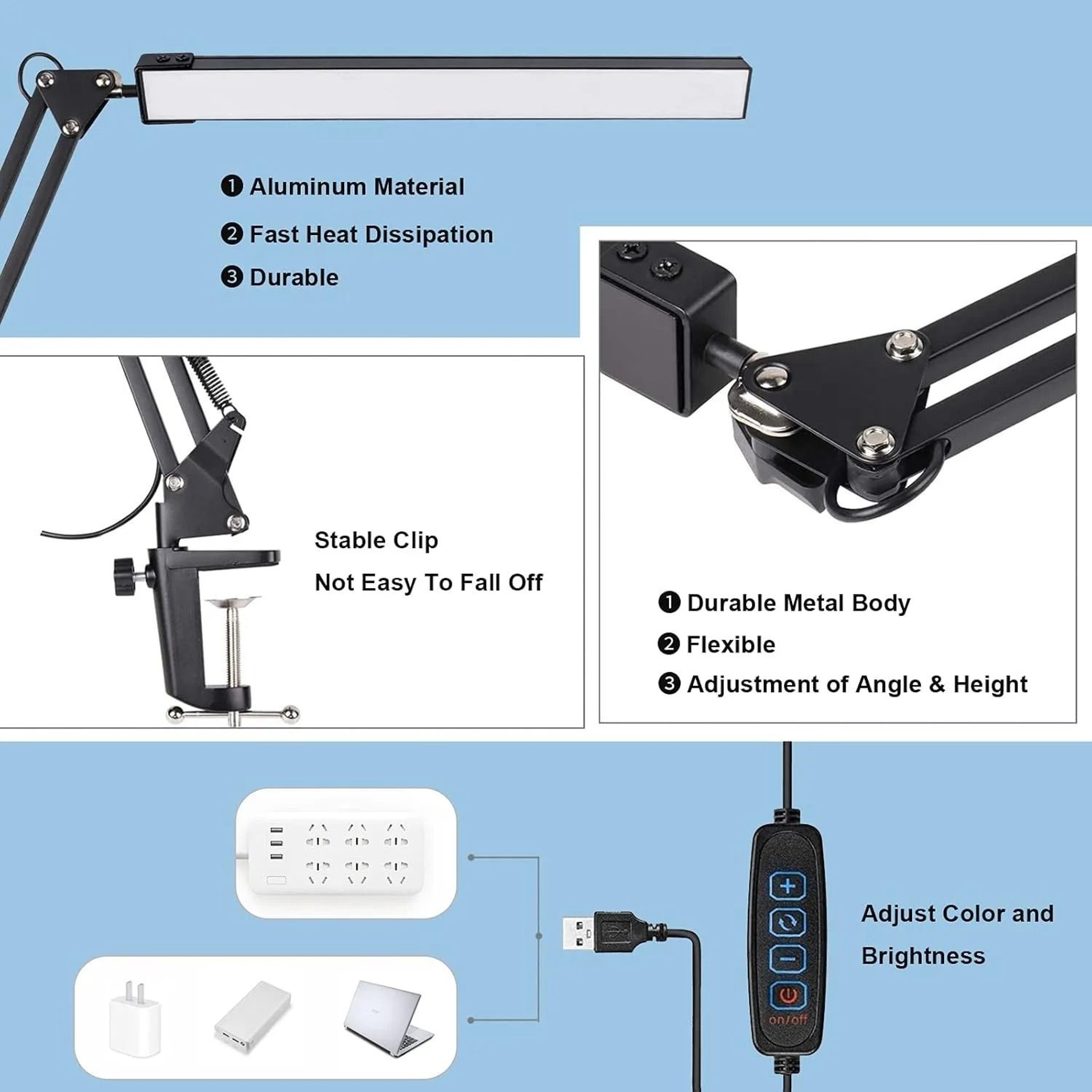 LED Folding Metal Desk Lamp Clip On Light Clamp Long Arm Dimming Table Lamp 4